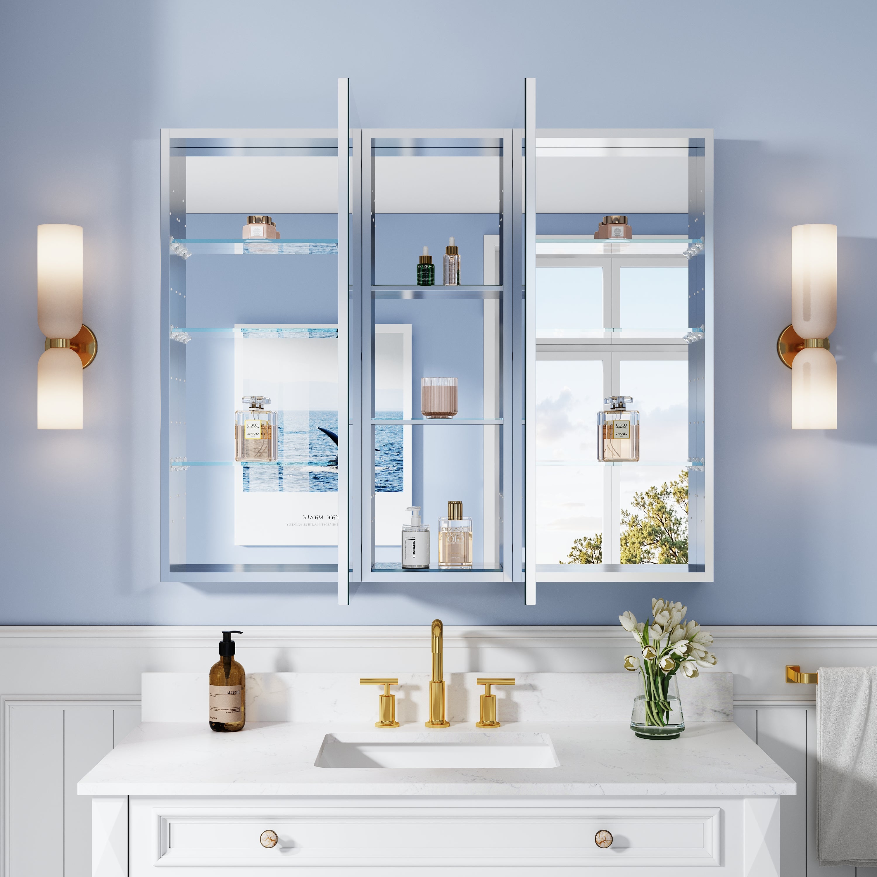 44 in. ×36 in. Bathroom Medicine Cabinet Set with Copper-Free Tri-View Mirror and Open Side Cabinet, Recessed or Surface Mount