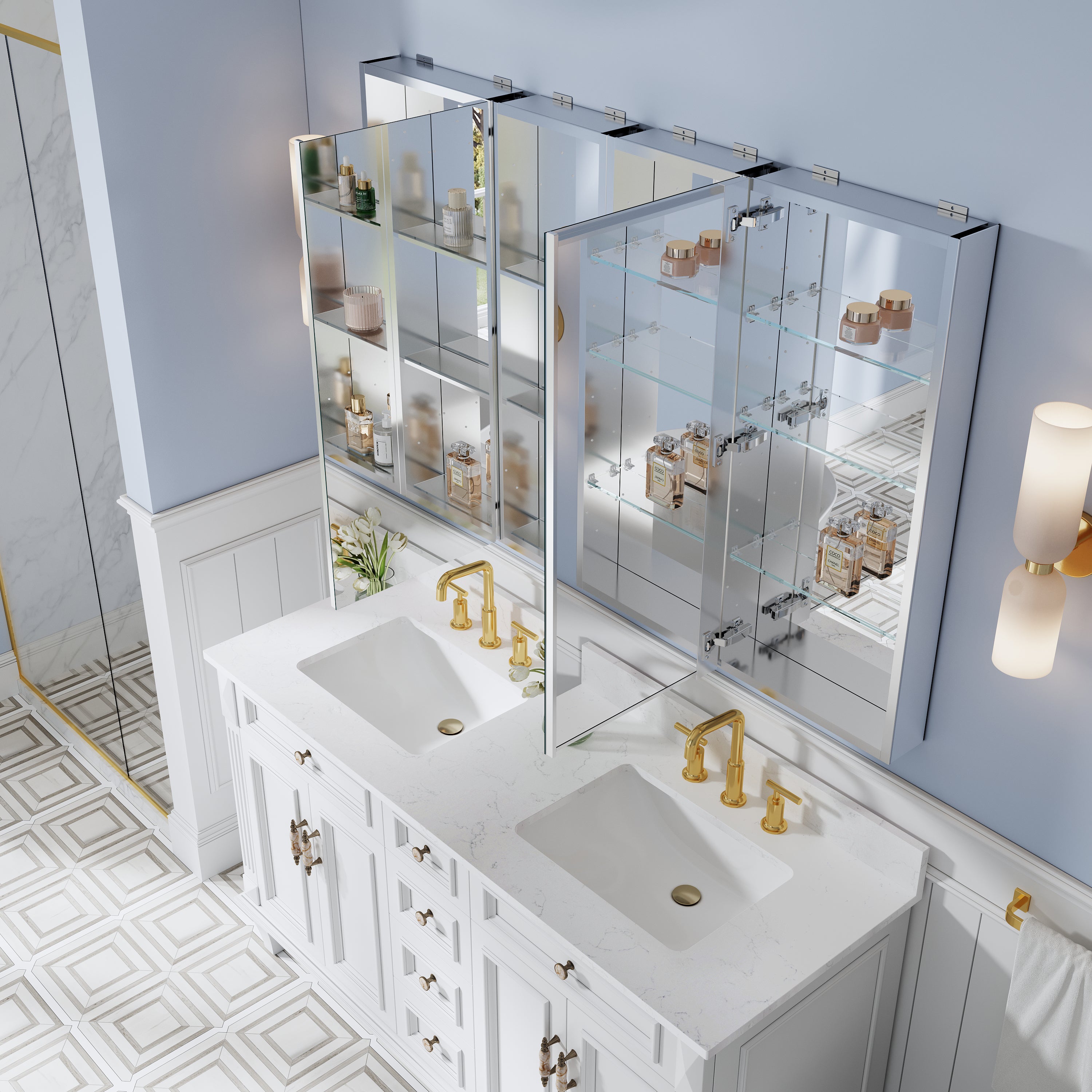 56 in. ×36 in. Bathroom Medicine Cabinet Set with Copper-Free Tri-View Mirror and Open Side Cabinet, Recessed or Surface Mount