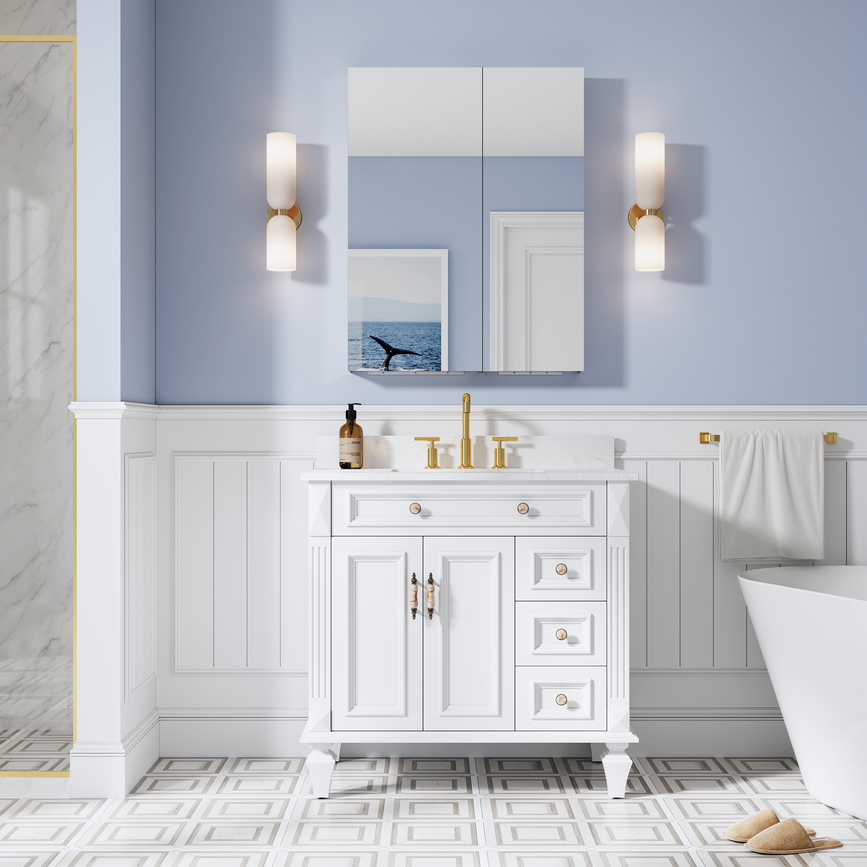 28 in. ×36 in. Copper-Free Tri-Views Mirror Medicine Cabinet with Adjustable Shelves and Dual Swing Doors