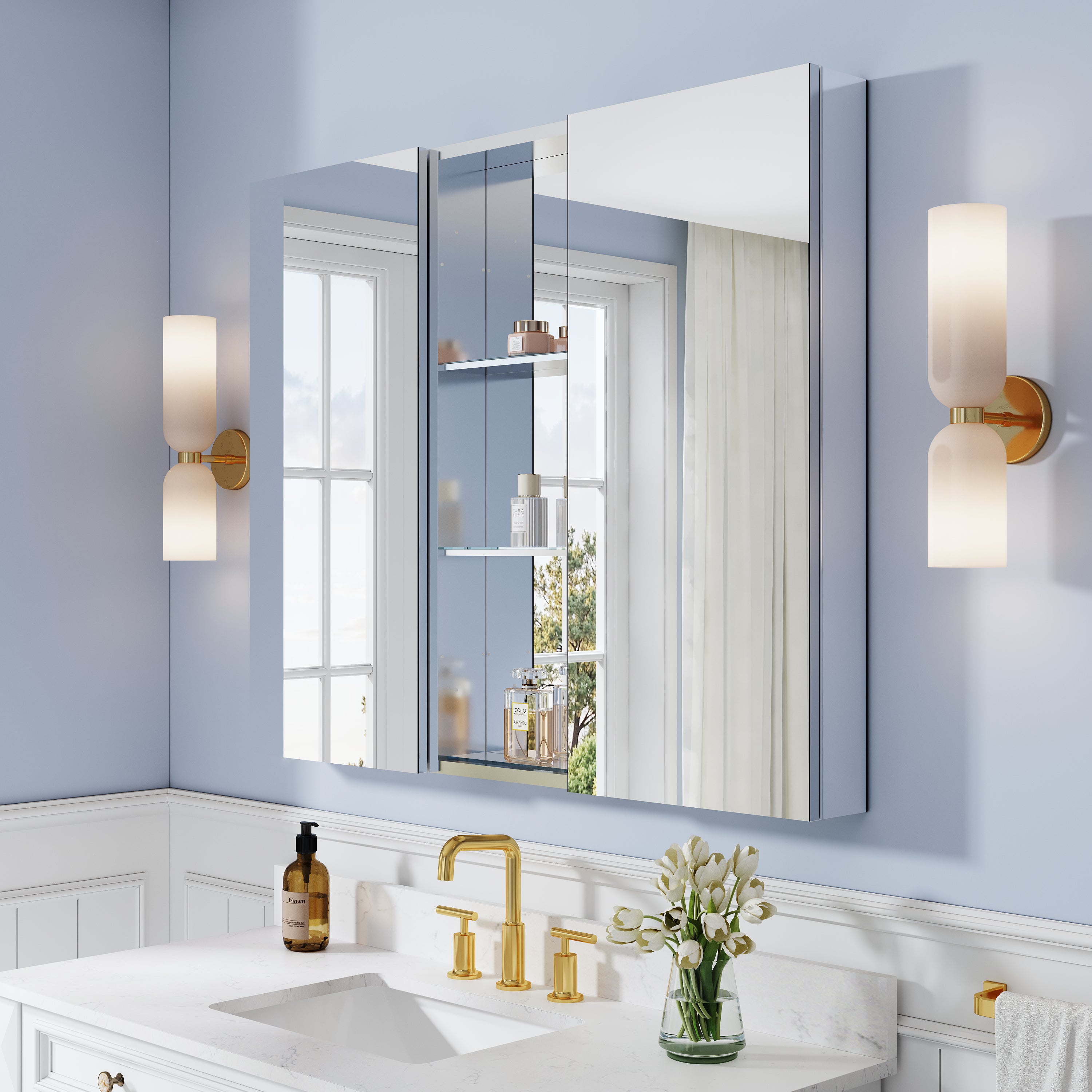 44 in. ×36 in. Bathroom Medicine Cabinet Set with Copper-Free Tri-View Mirror and Open Side Cabinet, Recessed or Surface Mount