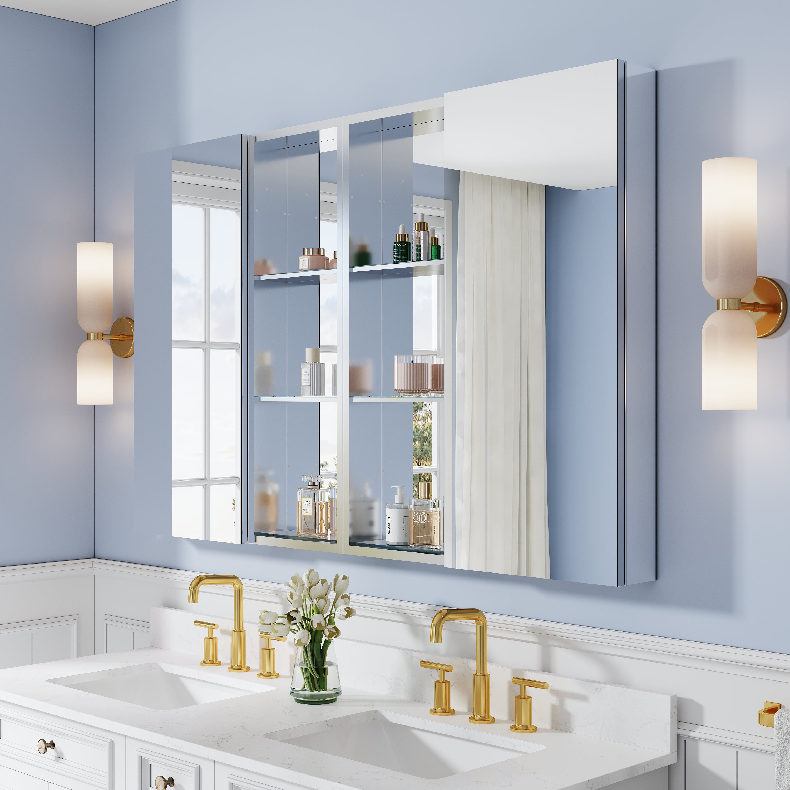 56 in. ×36 in. Bathroom Medicine Cabinet Set with Copper-Free Tri-View Mirror and Open Side Cabinet, Recessed or Surface Mount