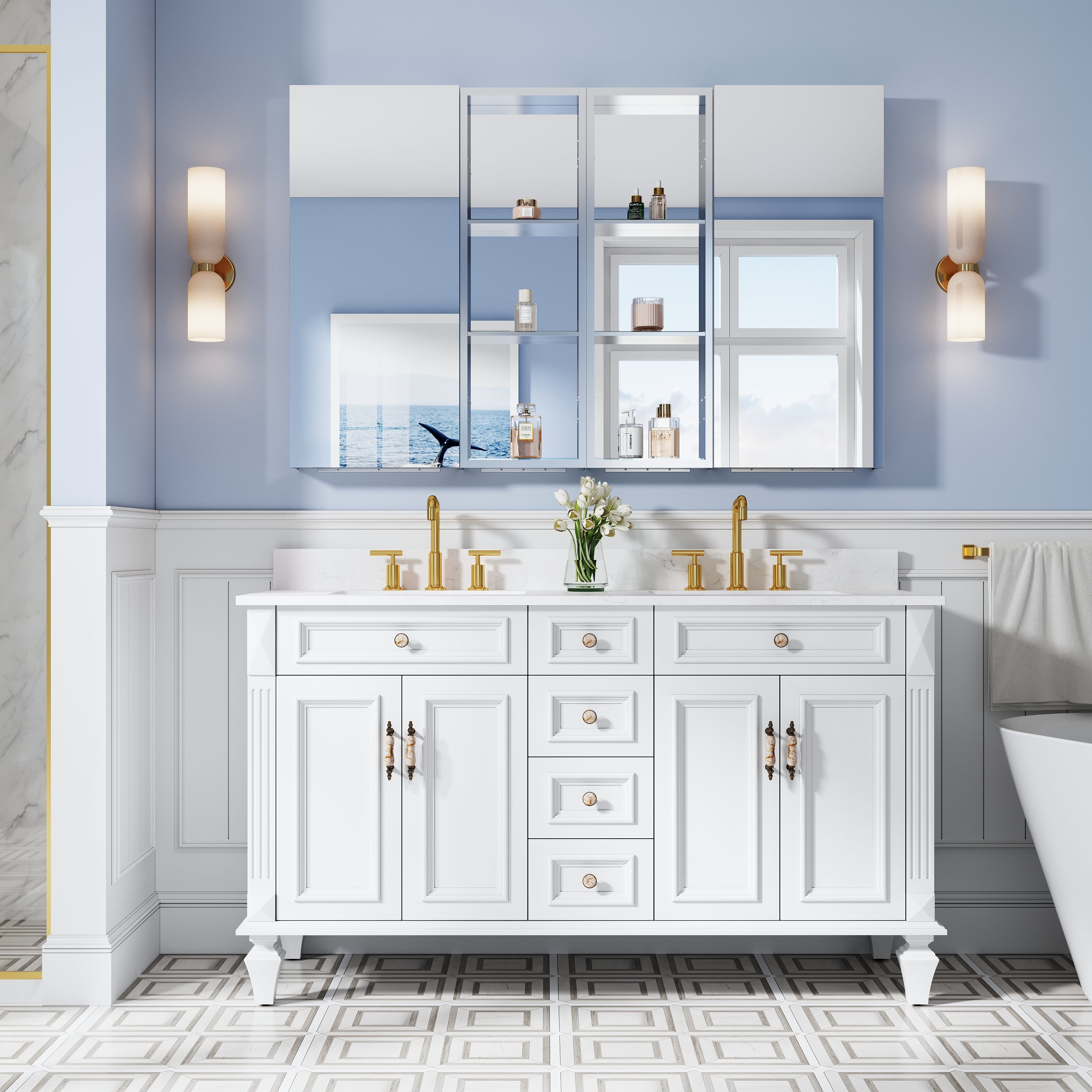 56 in. ×36 in. Bathroom Medicine Cabinet Set with Copper-Free Tri-View Mirror and Open Side Cabinet, Recessed or Surface Mount