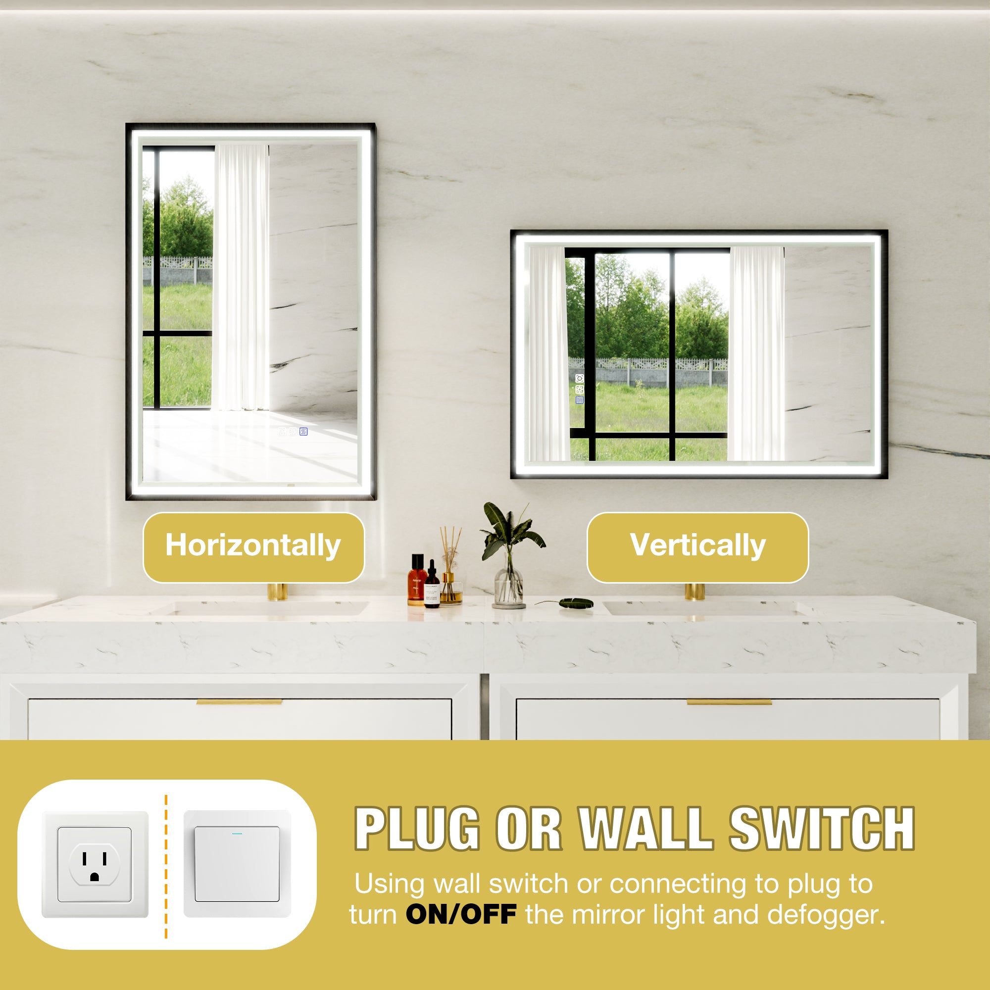 22 in. W x 34 in. Aluminum Framed LED Bathroom Mirror - Anti-Fog, Dimmable, Smart Memory, Matte Black