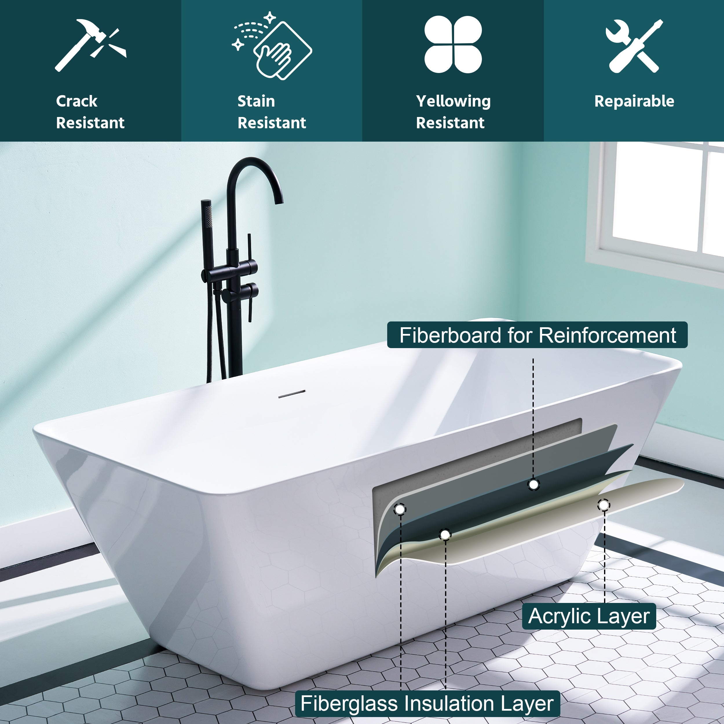 66" Freestanding Glossy White Acrylic Bathtub with Overflow and Drain Rectangle Tub