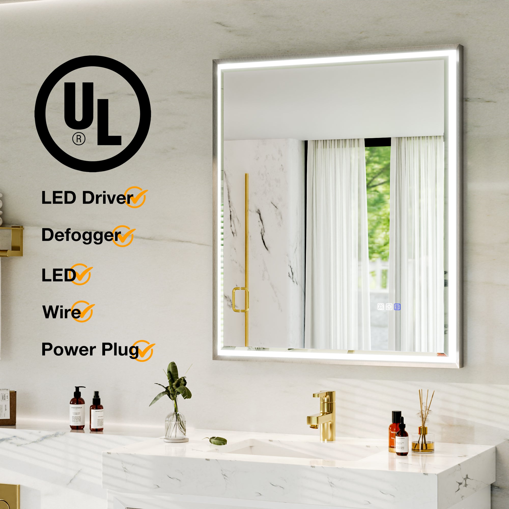 30 in. W x 36 in. Aluminum Framed LED Bathroom Mirror - Anti-Fog, Dimmable, Smart Memory, Brushed Nickel
