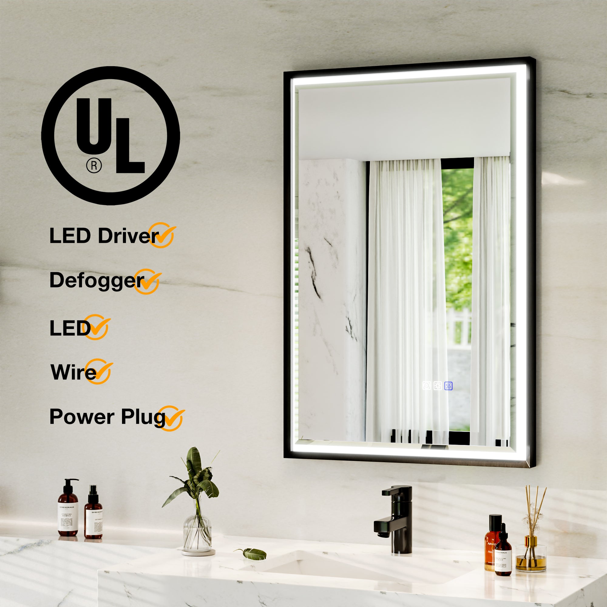 22 in. W x 34 in. Aluminum Framed LED Bathroom Mirror - Anti-Fog, Dimmable, Smart Memory, Matte Black