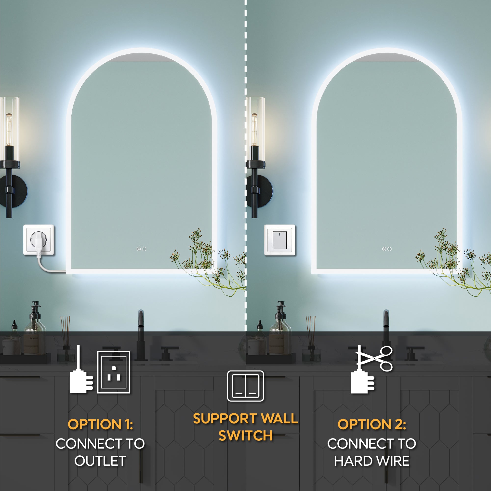 24x36 Inch Frameless LED Bathroom Vanity Mirror Arched Top-Dimmable, Anti-Fog, Wall-Mounted