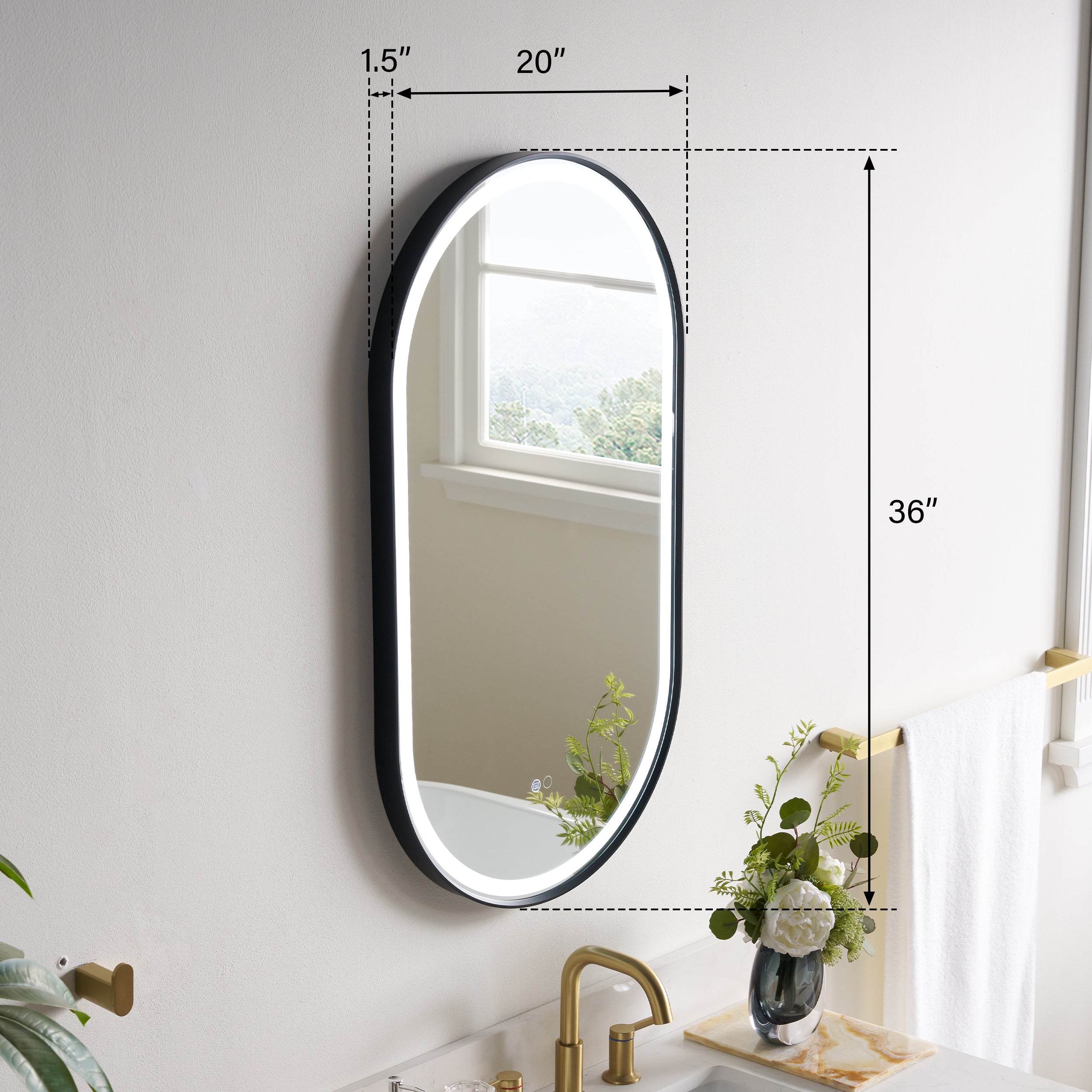 20 in. W x 36 in. H Oval LED Framed Mirror, Anti-Fog, Dimmable in Matte Black