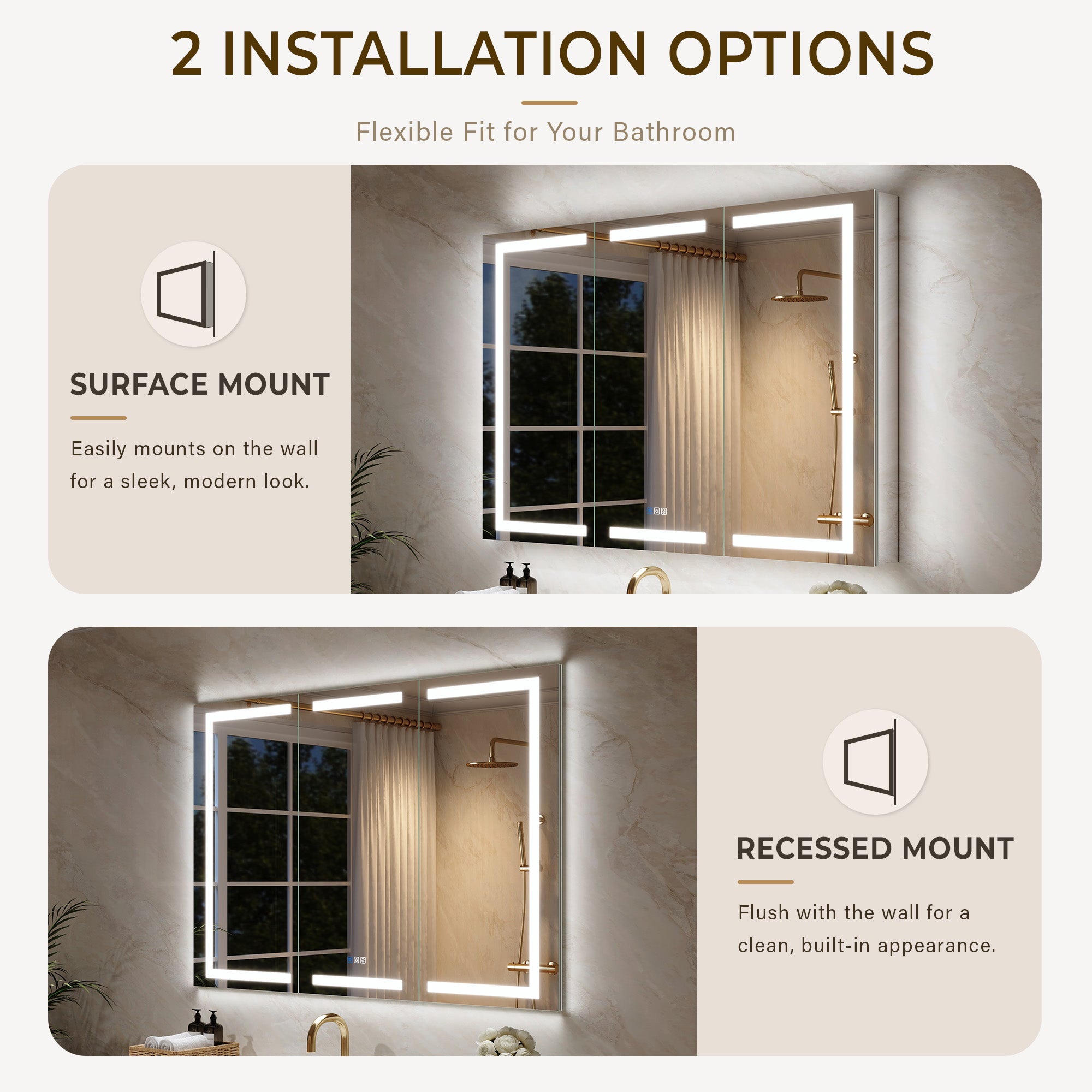 54 in. x 36 in. Aluminum LED Bathroom Medicine Cabinet with Anti-Fog, Dimmable Lighting, Outlet, Surface or Recessed Mount