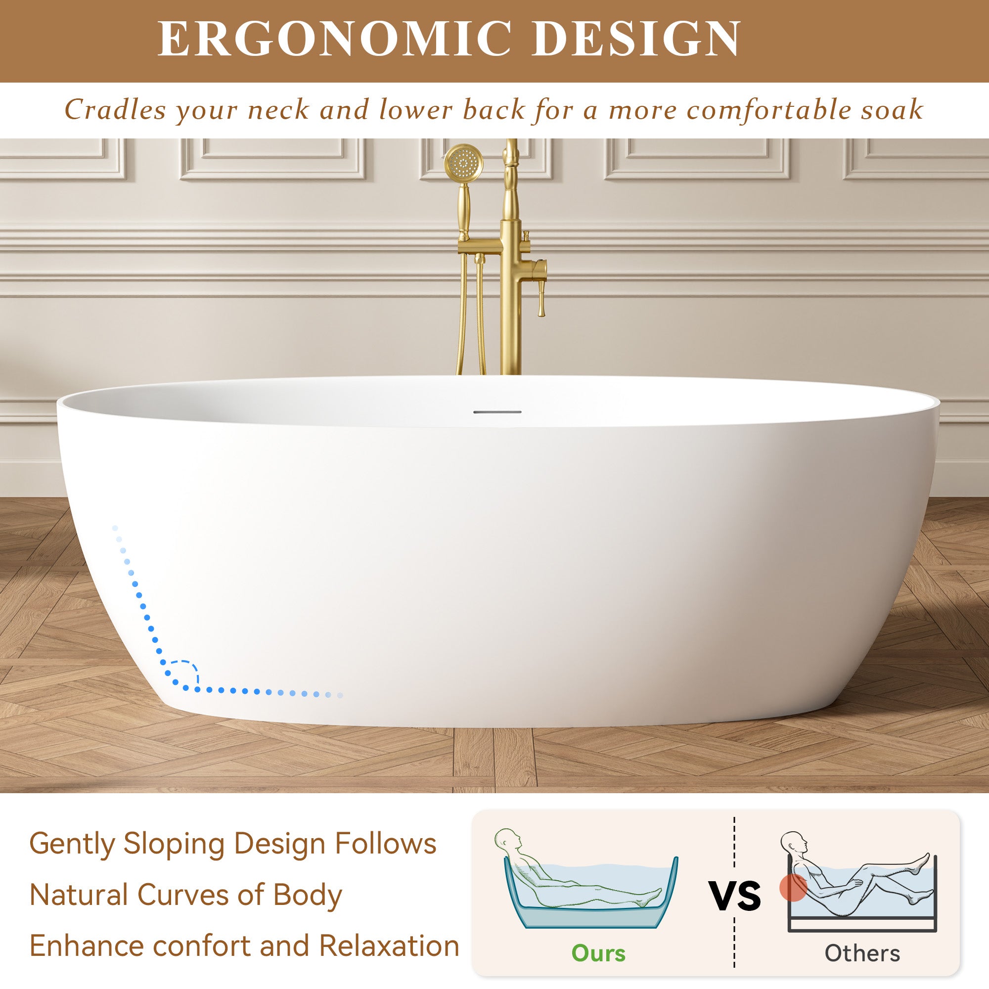 67" Matte White Solid Surface Bathtub with Drain & Integrated Slotted Overflow, 78 Gallons