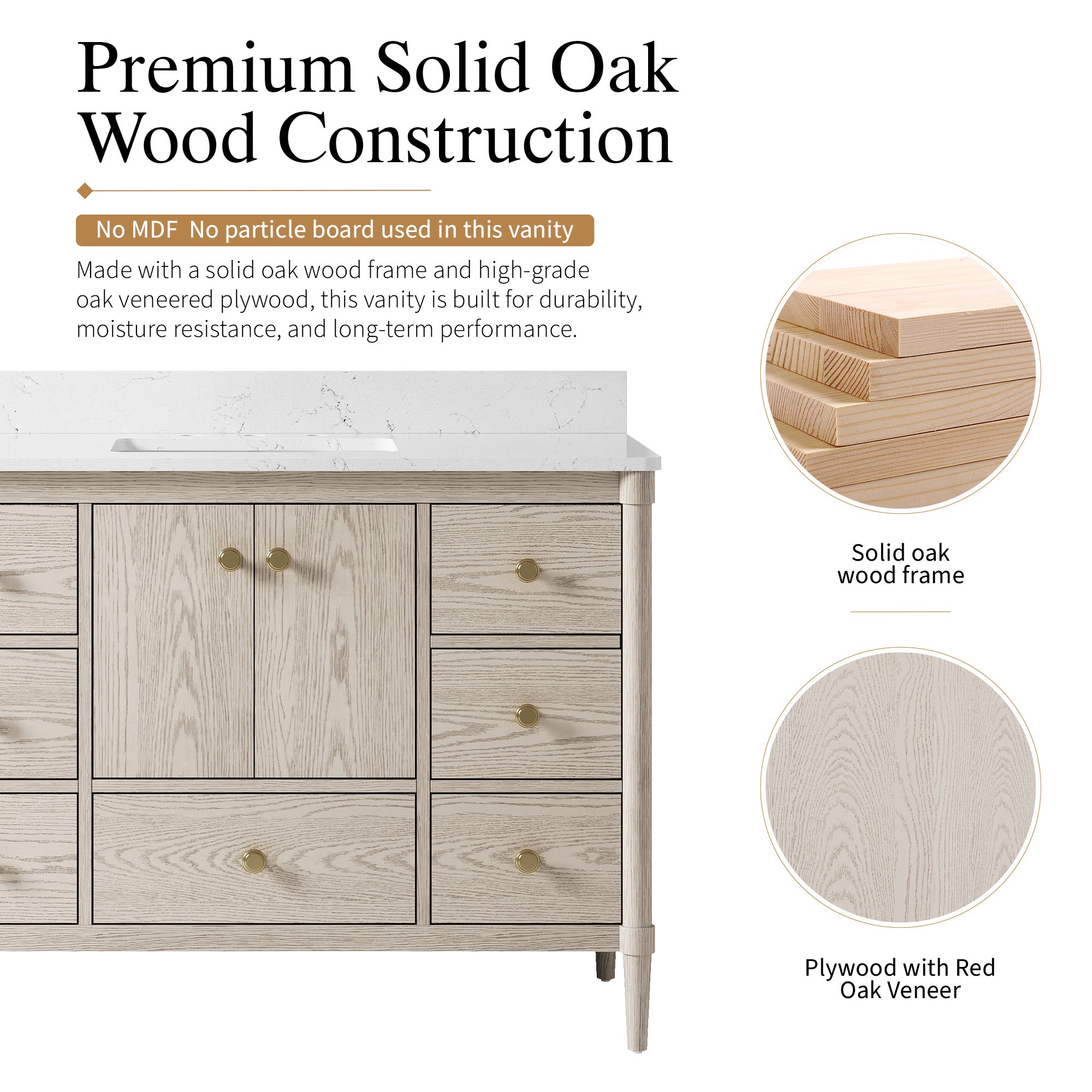 48-Inch Freestanding Oak Bathroom Vanity with Single Carrara White Quartz Top Sink
