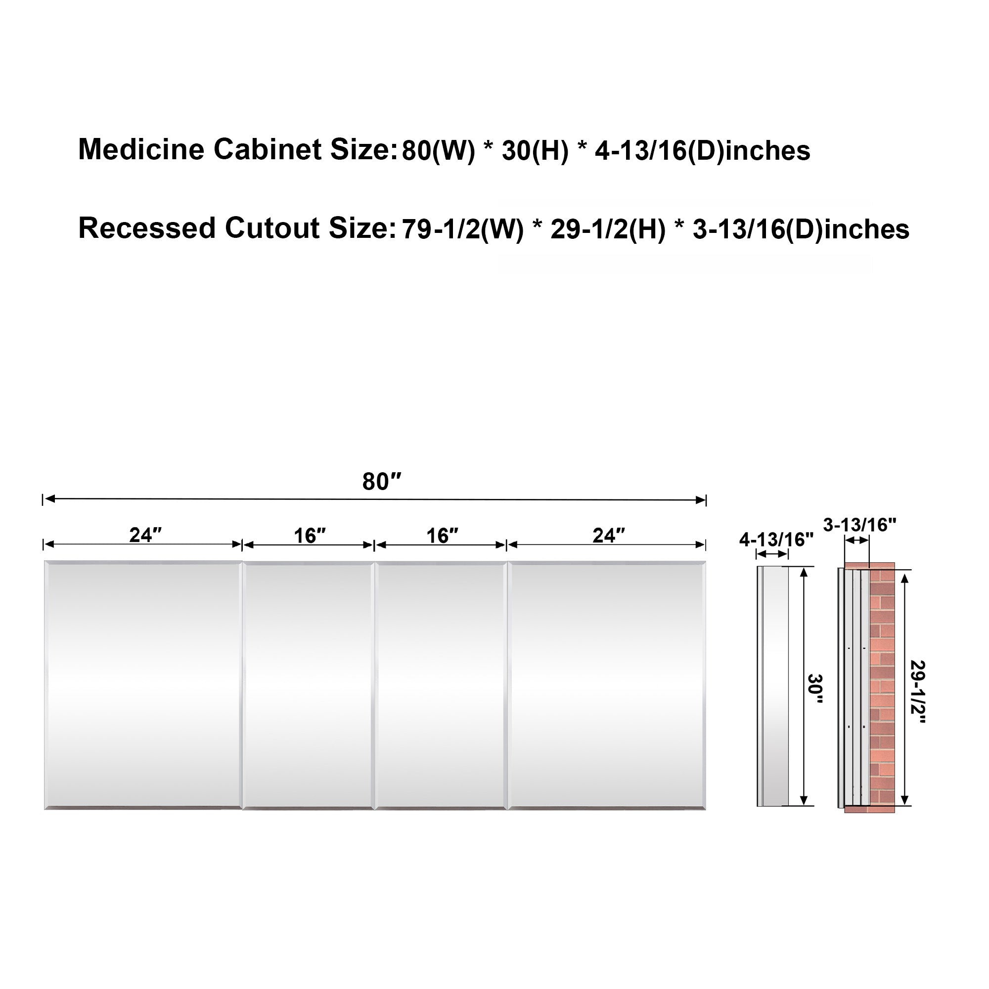 80 in.×30 in.H Copper-Free Mirror Medicine Cabinet with Beveled Mirror Door, Soft-Close Blum® Hinges, 12 Adjustable Shelves