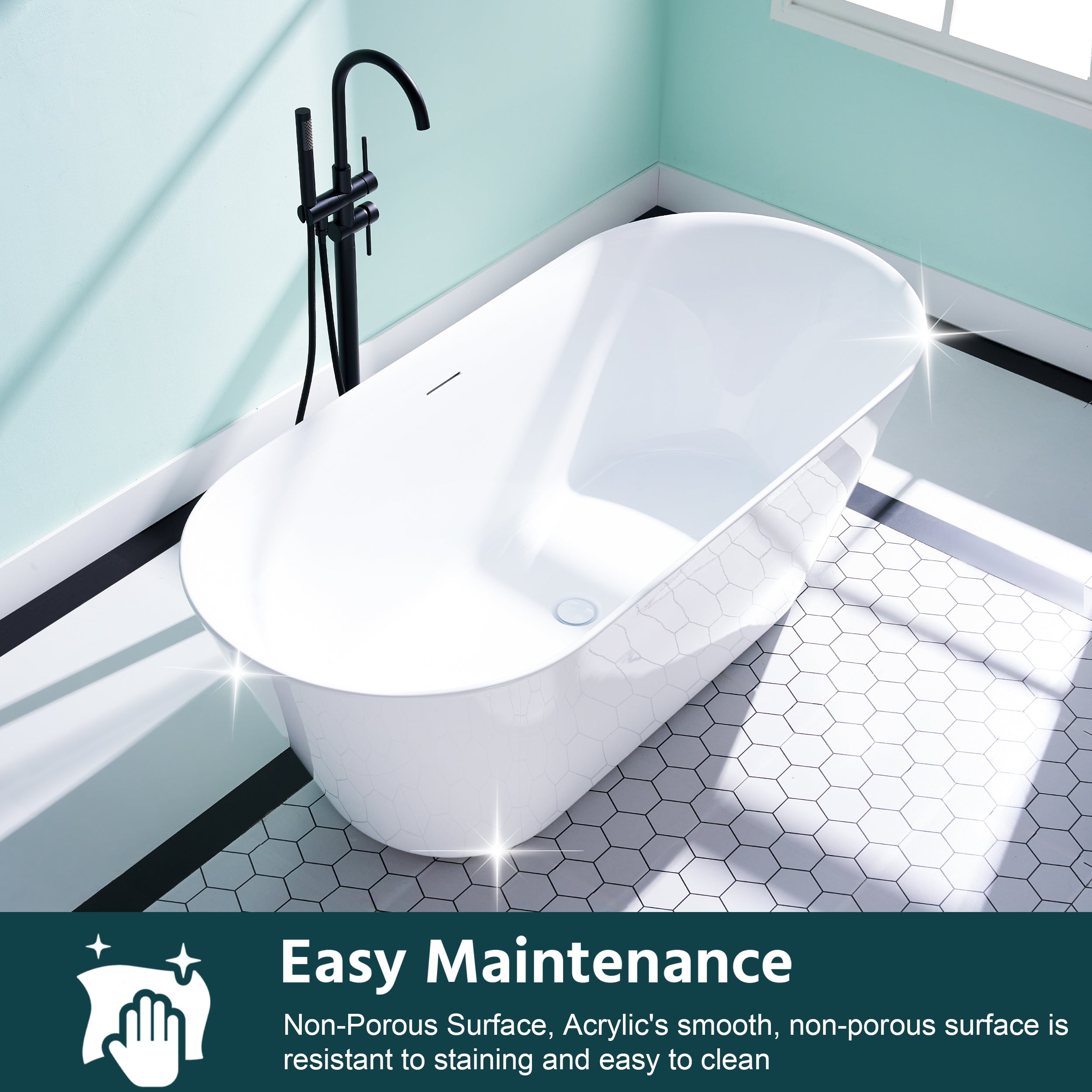 66" Freestanding Glossy White Acrylic Bathtub with Slotted Overflow