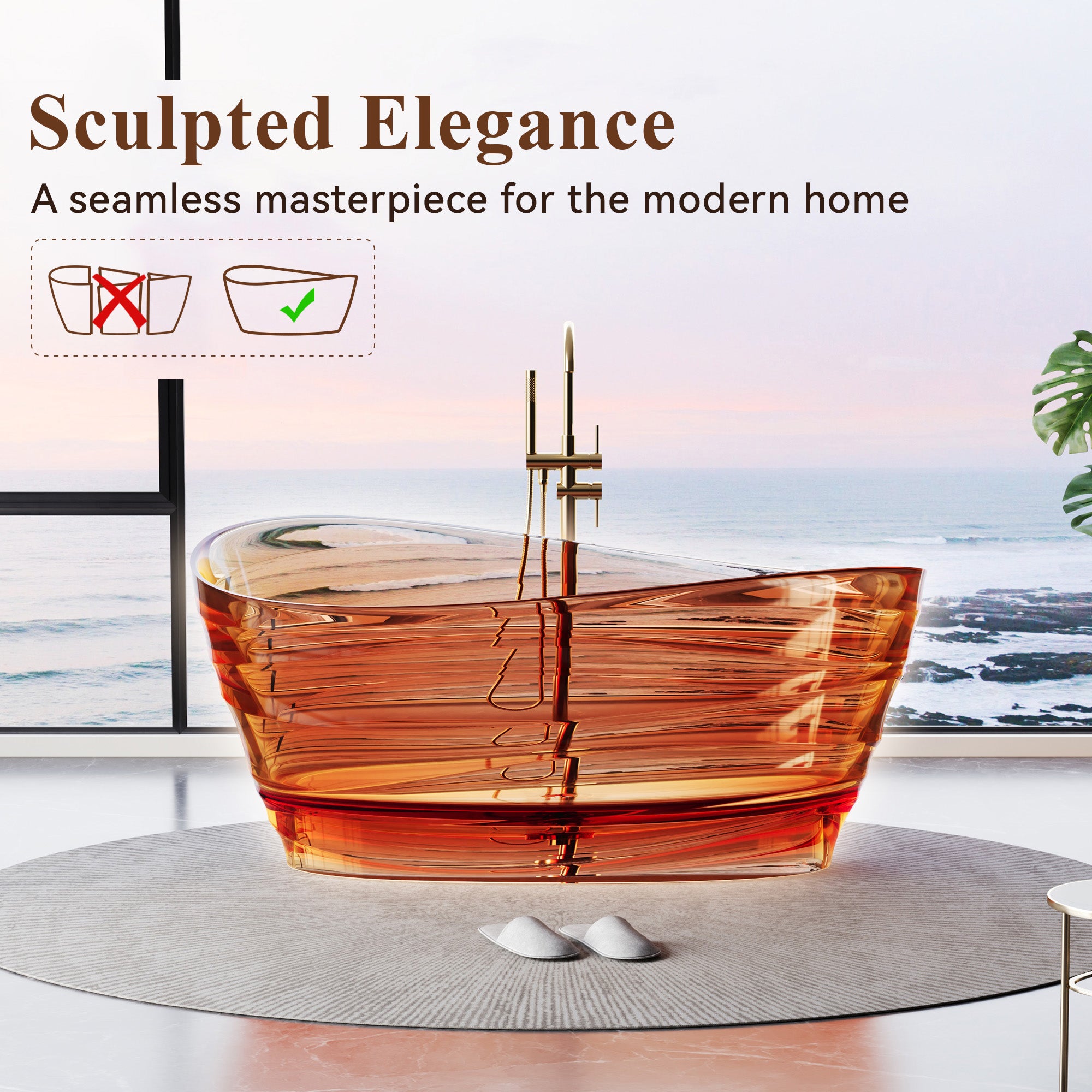 62" Pure Resin Transparent Freestanding Bathtub with Drain, Transparent Champagne