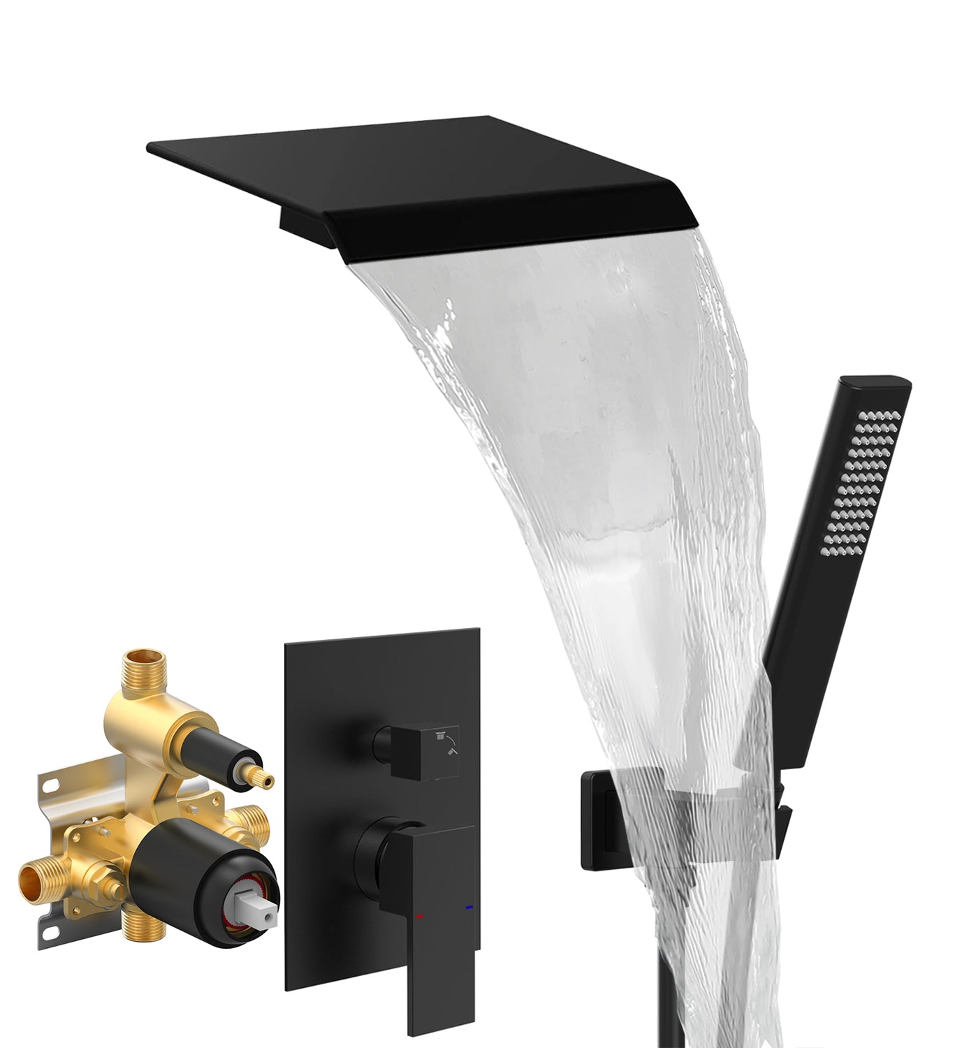 Matte Black Waterfall Bathtub Shower Set with Hand Shower Wall-Mounted