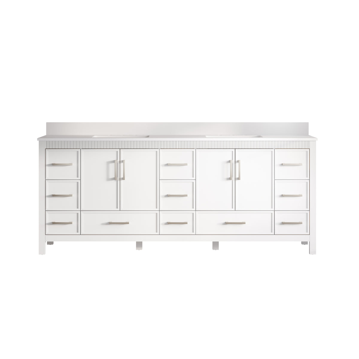84 Inch Freestanding Solid Wood Bathroom Vanity with Pure White Quartz Countertop, 4 Soft-Close Doors & 11 Dovetail Drawers, White
