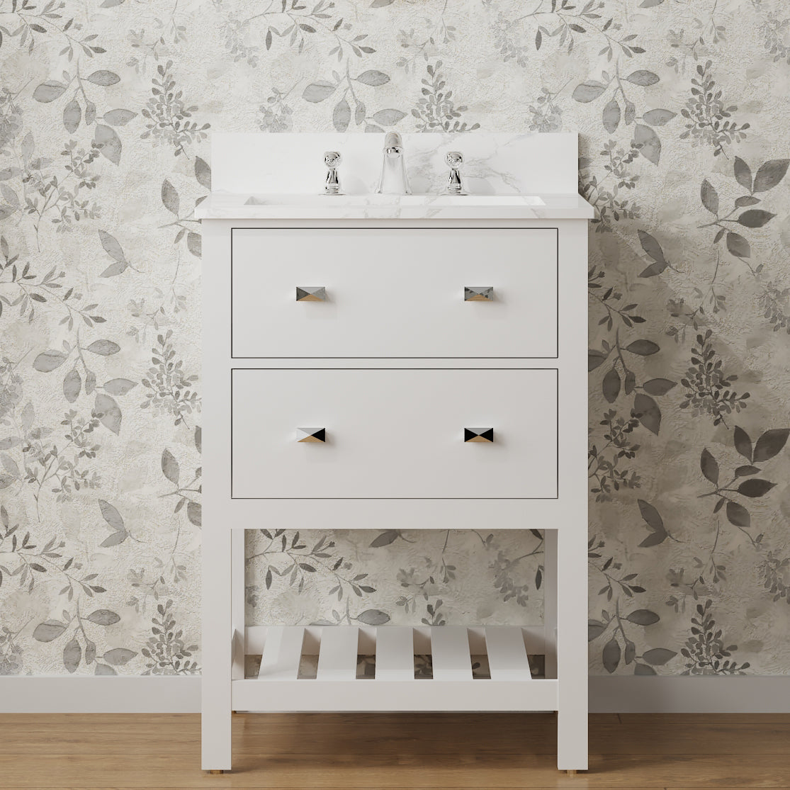 24" Undermount Single Sink Freestanding Bathroom Vanity with White Top in White