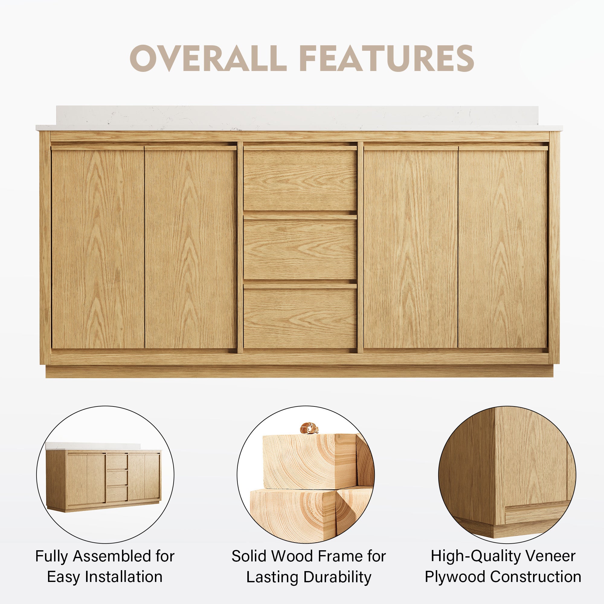 72 Inch Oak Soild Wood Bathroom Vanity with Double Undermount Sinks, 3 Dovetail-constructed Drawers and 4 Soft-close Doors