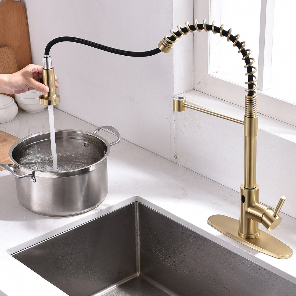 Single Handle Touch Pull Down Sprayer Kitchen Faucet with Deckplate and 360° Rotation Brushed Gold