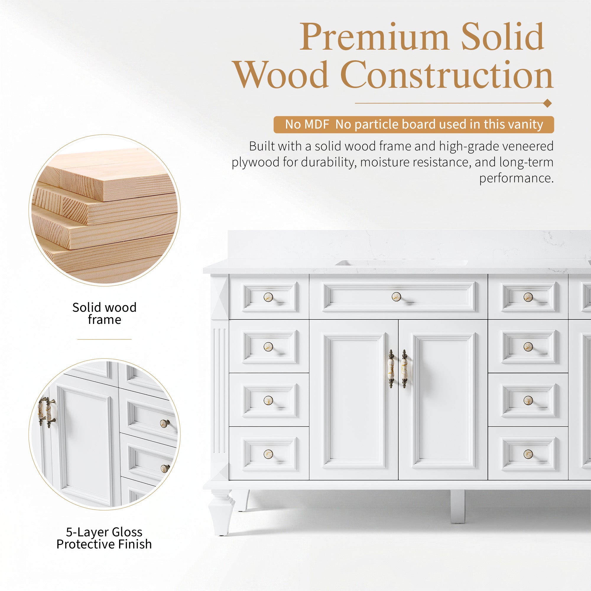84 in. Freestanding Solid Wood Bathroom Vanity with Carrara White Quartz Countertop, White