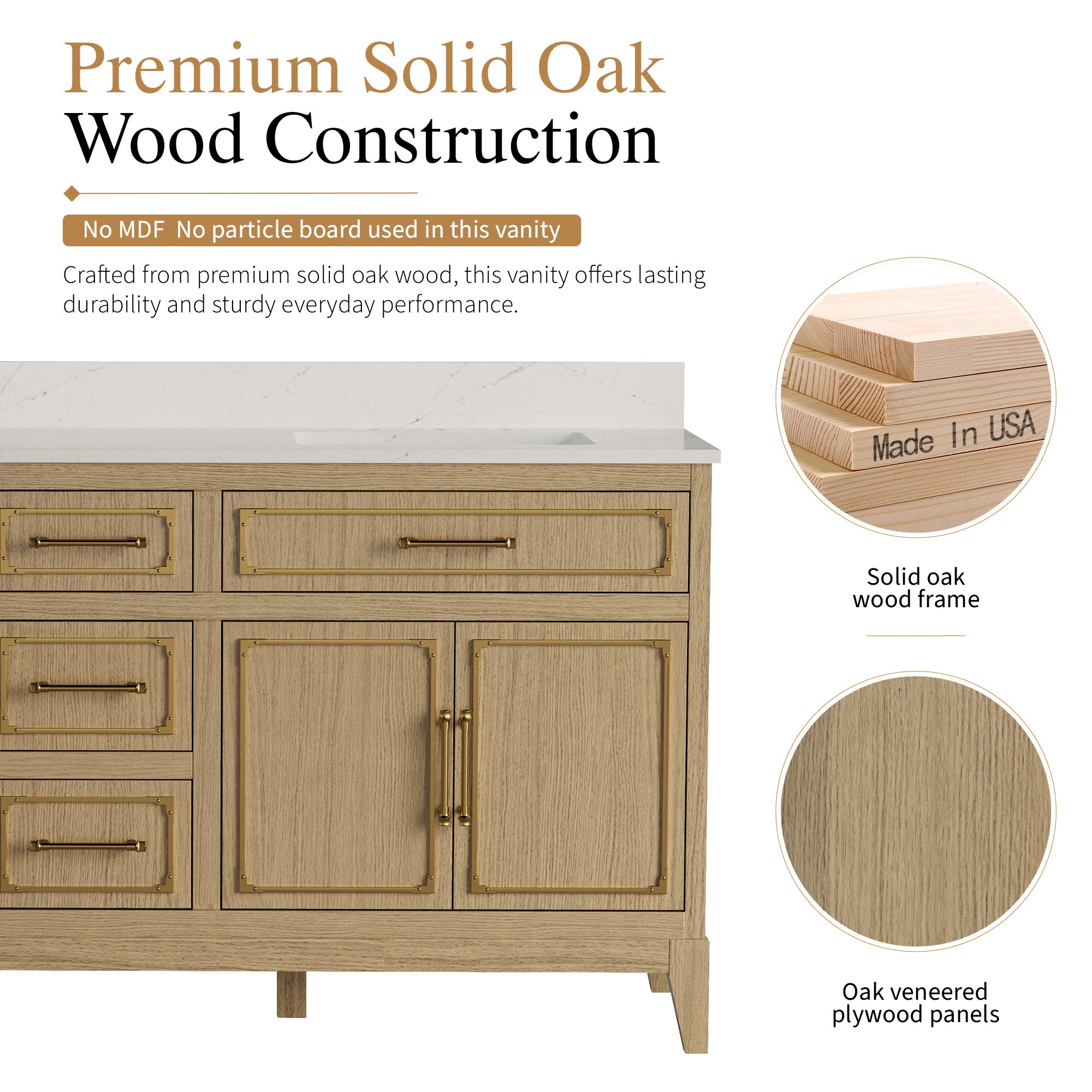 72 Inch Luxury Solid Oak Bathroom Vanity with Calacatta Quartz Countertop & Sinks, 3 Soft-Close Drawers and 2 Flip Drawers