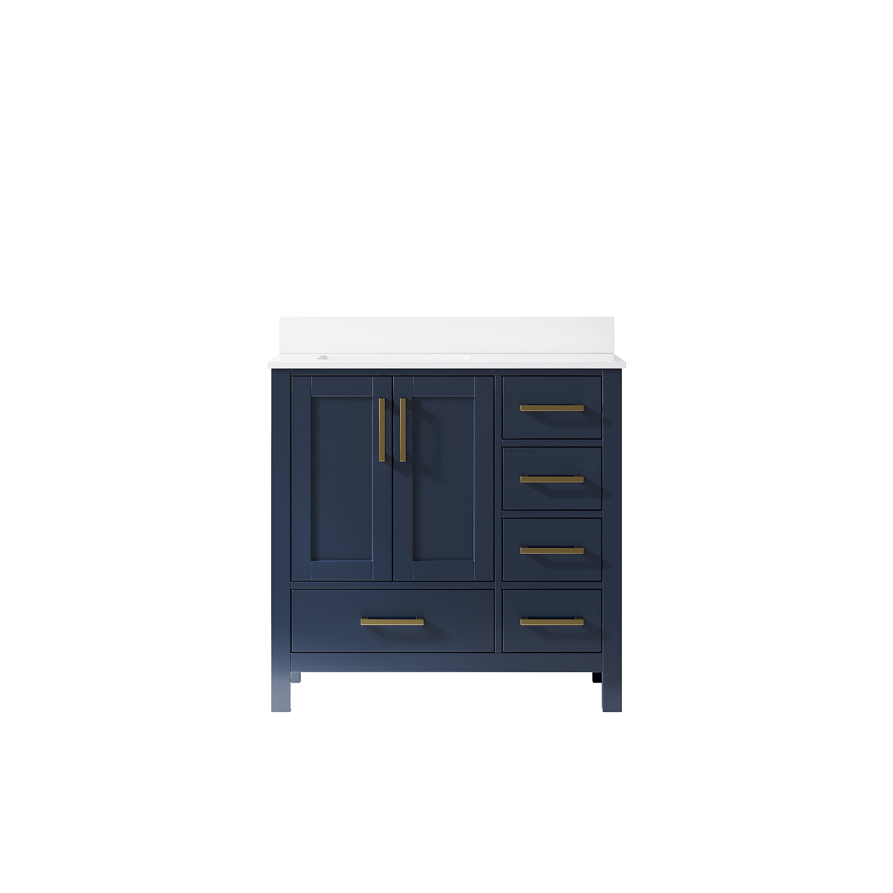36 Inch Freestanding Solid Wood Bathroom Vanity with Carrara Cultured Marble Top, 2 Soft-Close Doors & 5 Dovetail Drawers, Navy Blue