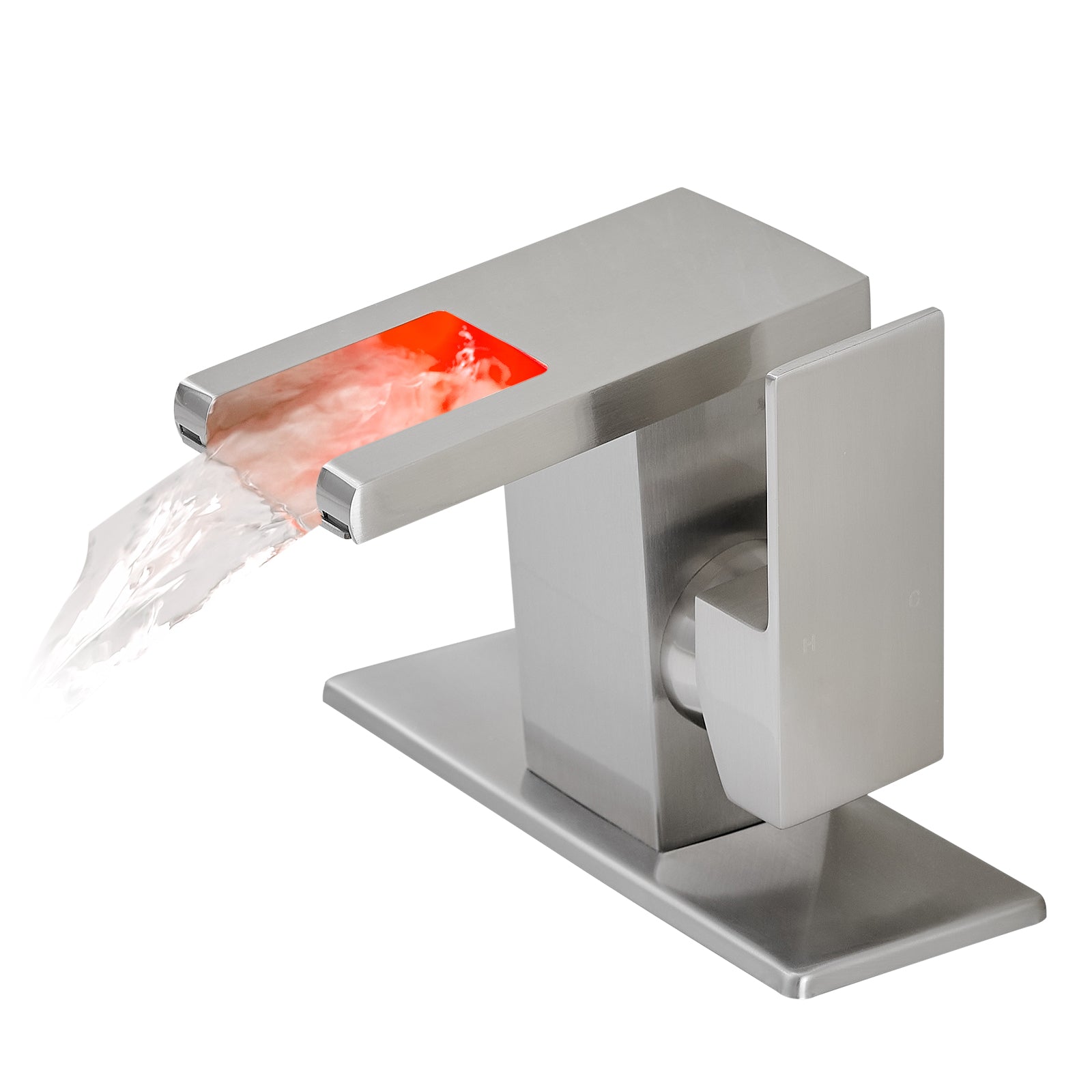 Single Handle LED Waterfall Bathroom Sink Faucet with Deck Plate, Temperature-Sensitive 3-Color Light