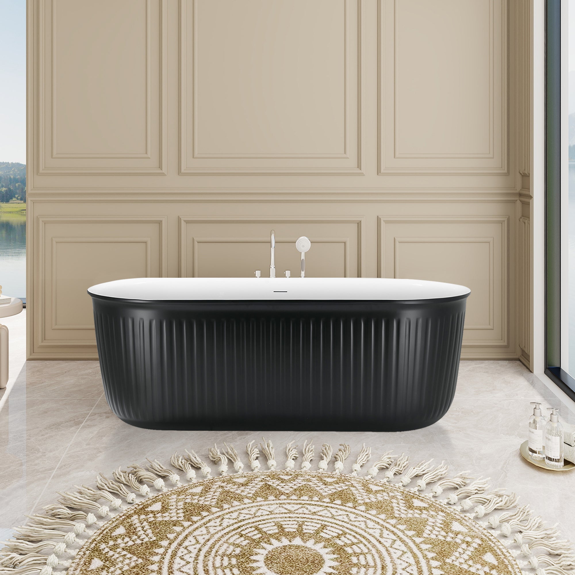 67'' Oval Acrylic Fluted Bathtub Double Ended Freestanding Soaking Tub