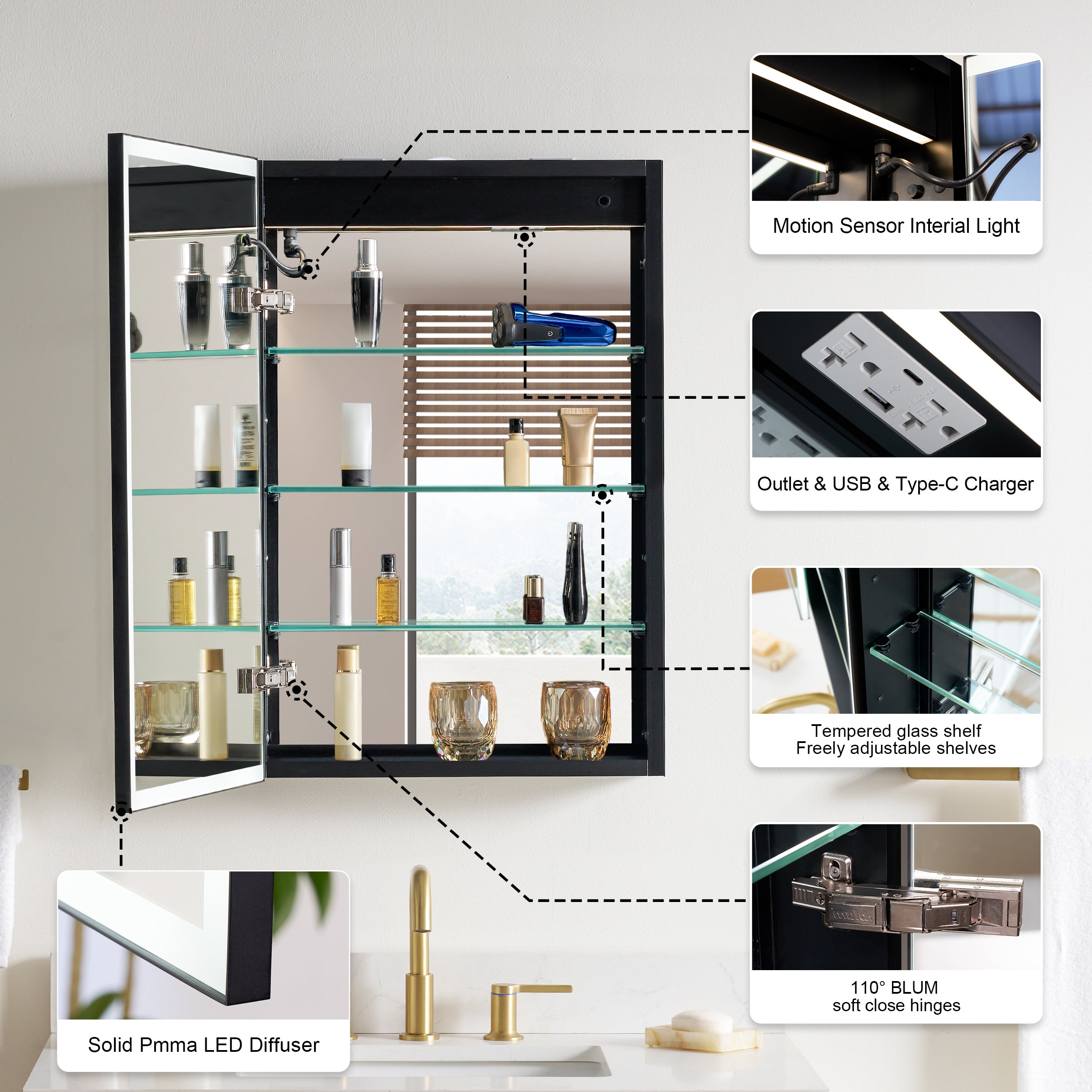 20 in. x 30 in. Black Aluminum Left Medicine Cabinet with Mirror and LED Light