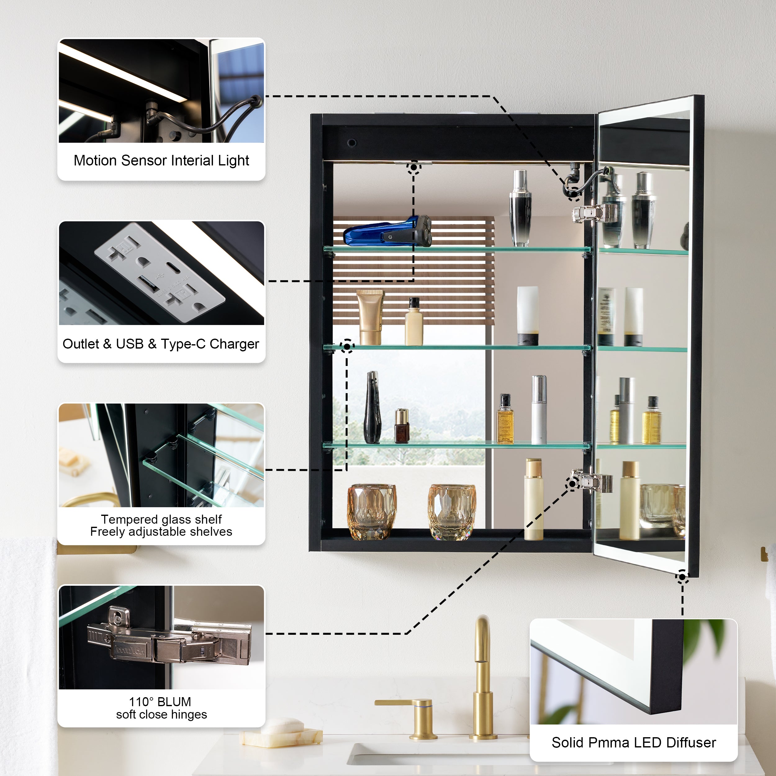 20 in. x 30 in. Black Aluminum Right Medicine Cabinet with Mirror and LED Light