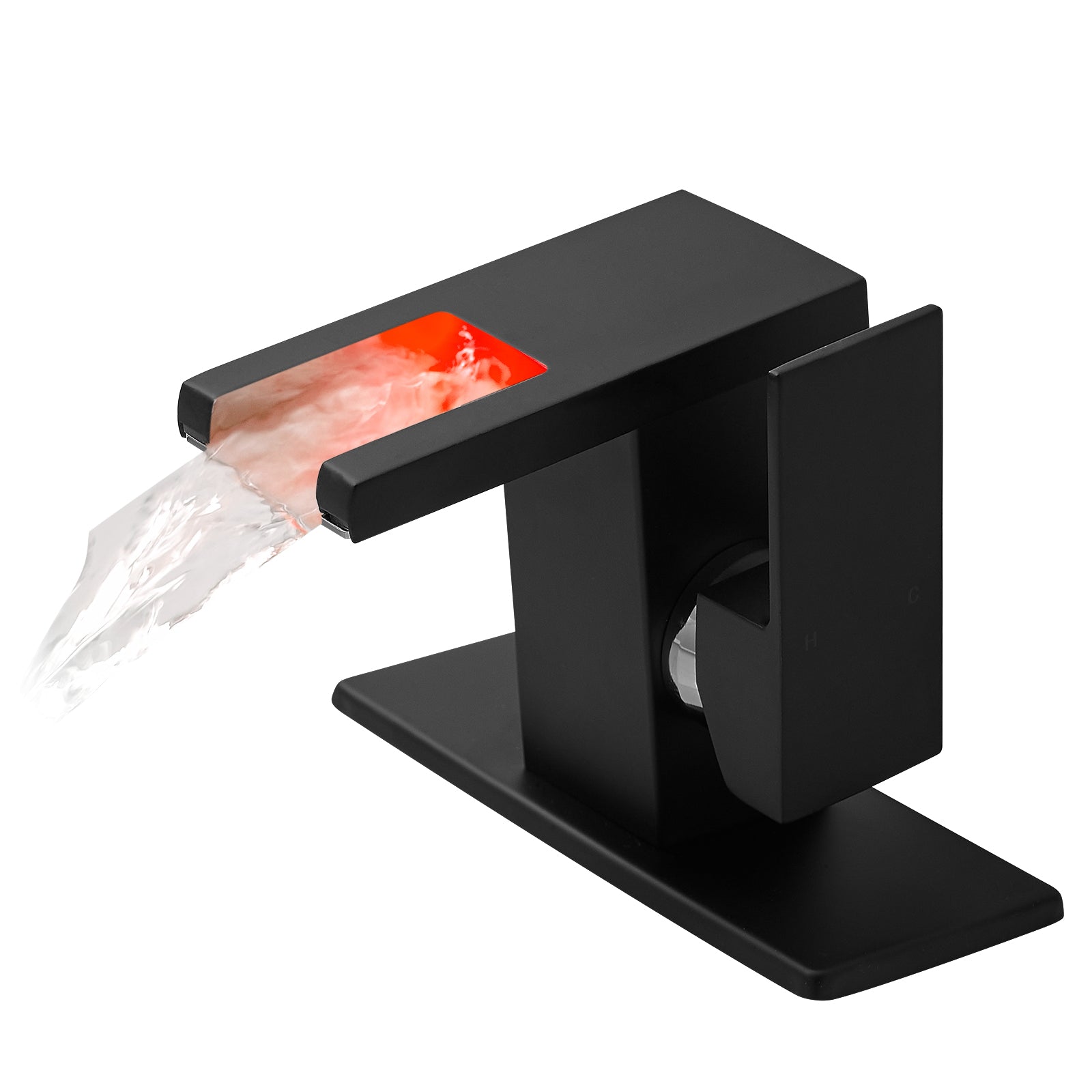 Single Handle LED Waterfall Bathroom Sink Faucet with Deck Plate, Temperature-Sensitive 3-Color Light