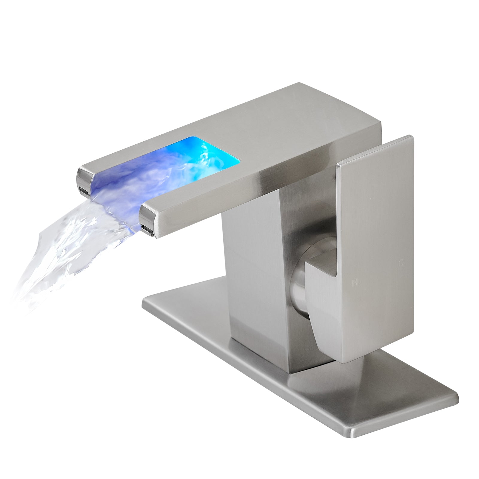 Single Handle LED Waterfall Bathroom Sink Faucet with Deck Plate, Temperature-Sensitive 3-Color Light