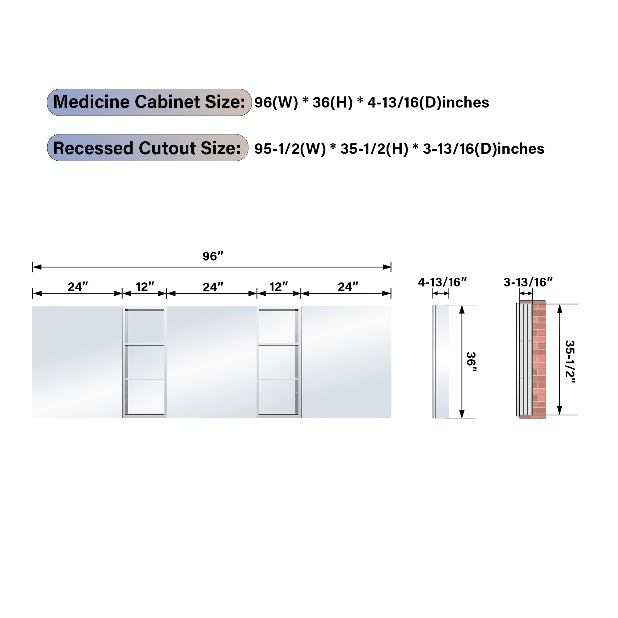 96 in. ×36 in. Aluminum Bathroom Medicine Cabinet and Open Shelf Set, Recessed or Surface Mount