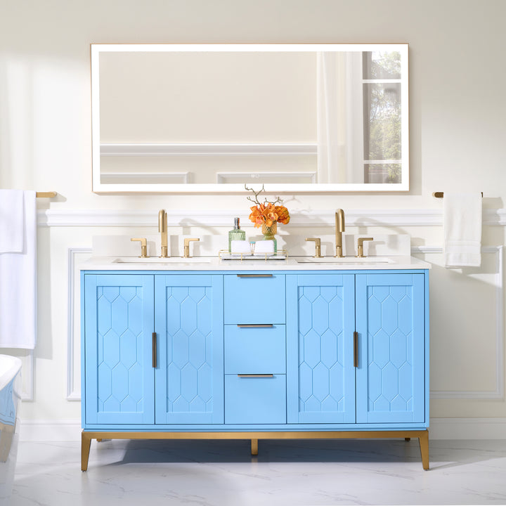 60 in. Bathroom Vanity in Light Blue with Carrara White Quartz Vanity Top with White Sink