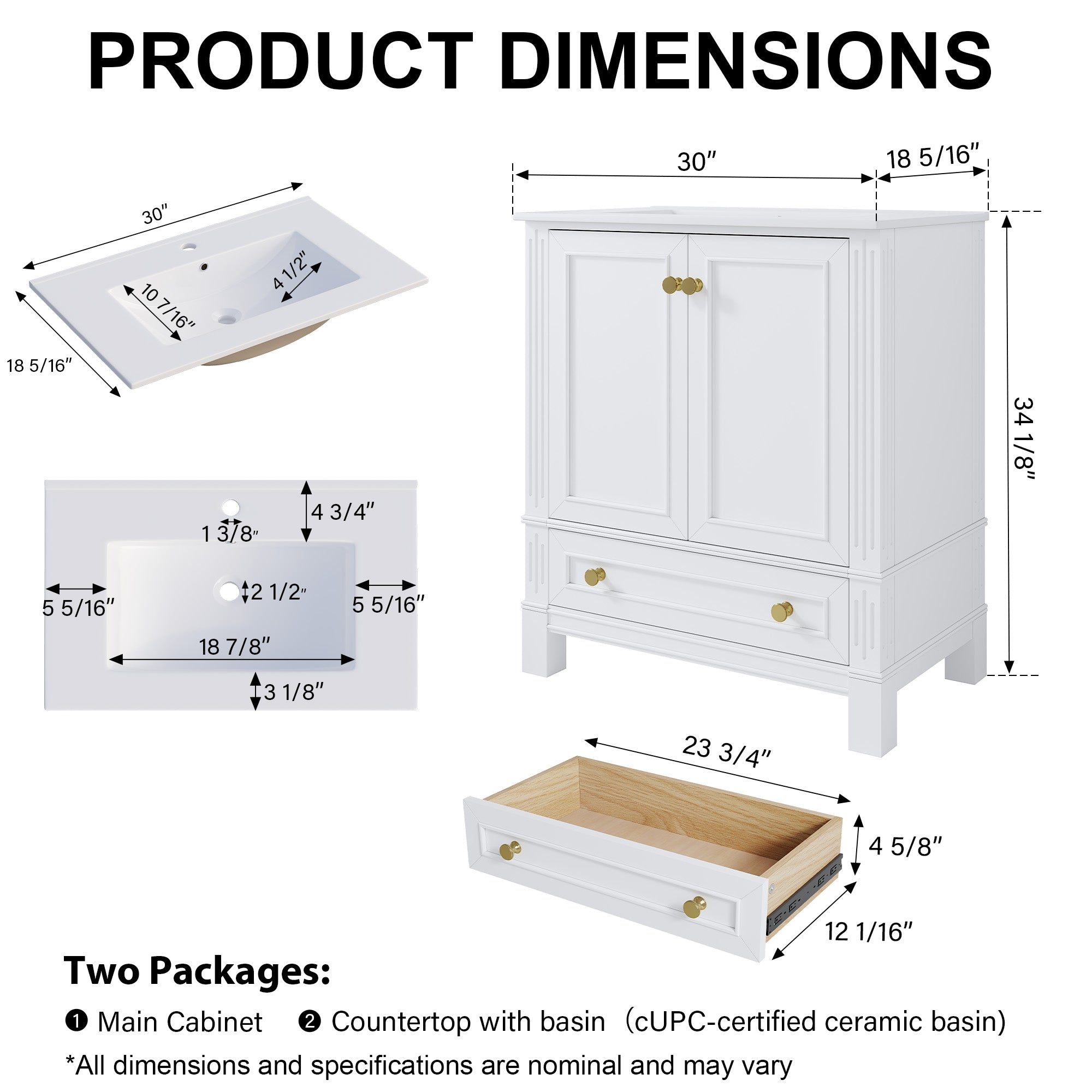30 Inch Solid Wood Bathroom Vanity with cUPC Ceramic Basin, Soft-Close Doors and Brushed Gold Alloy Knobs