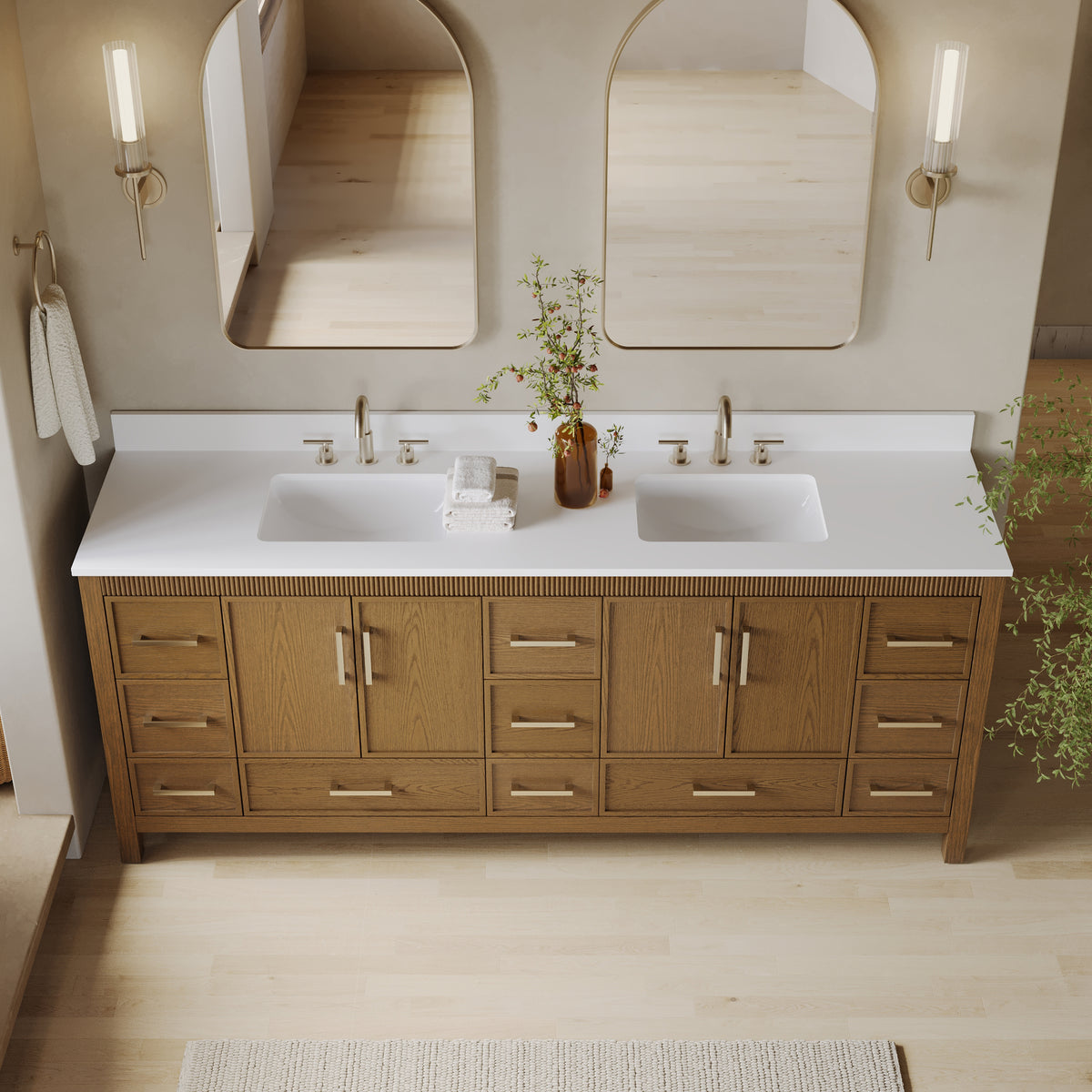 84 Inch Freestanding Solid Wood Bathroom Vanity with Pure White Quartz Countertop, 4 Soft-Close Doors & 11 Dovetail Drawers, Walnut