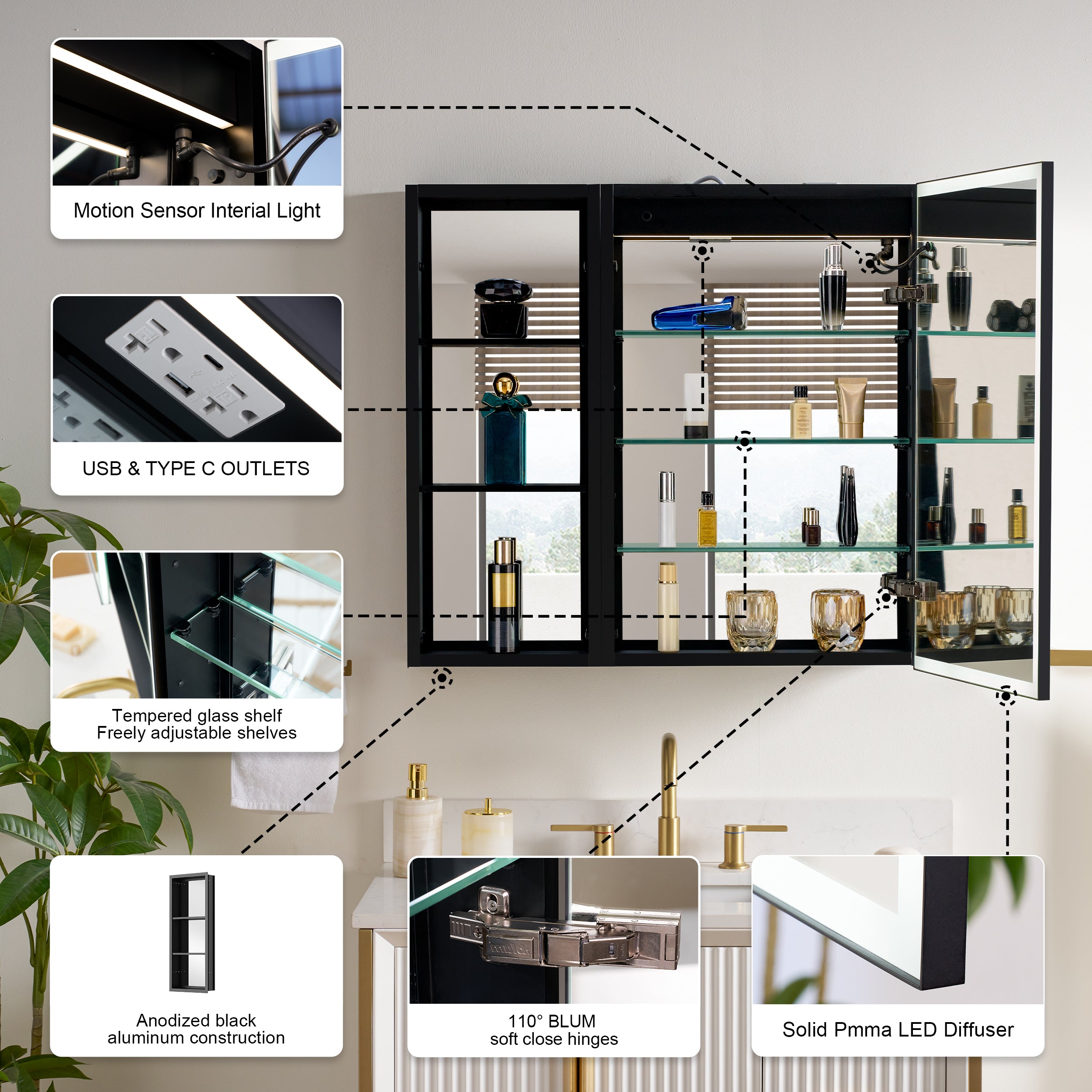 36 in. x 30 in. Black Aluminum Medicine Cabinet with Mirror and LED Light
