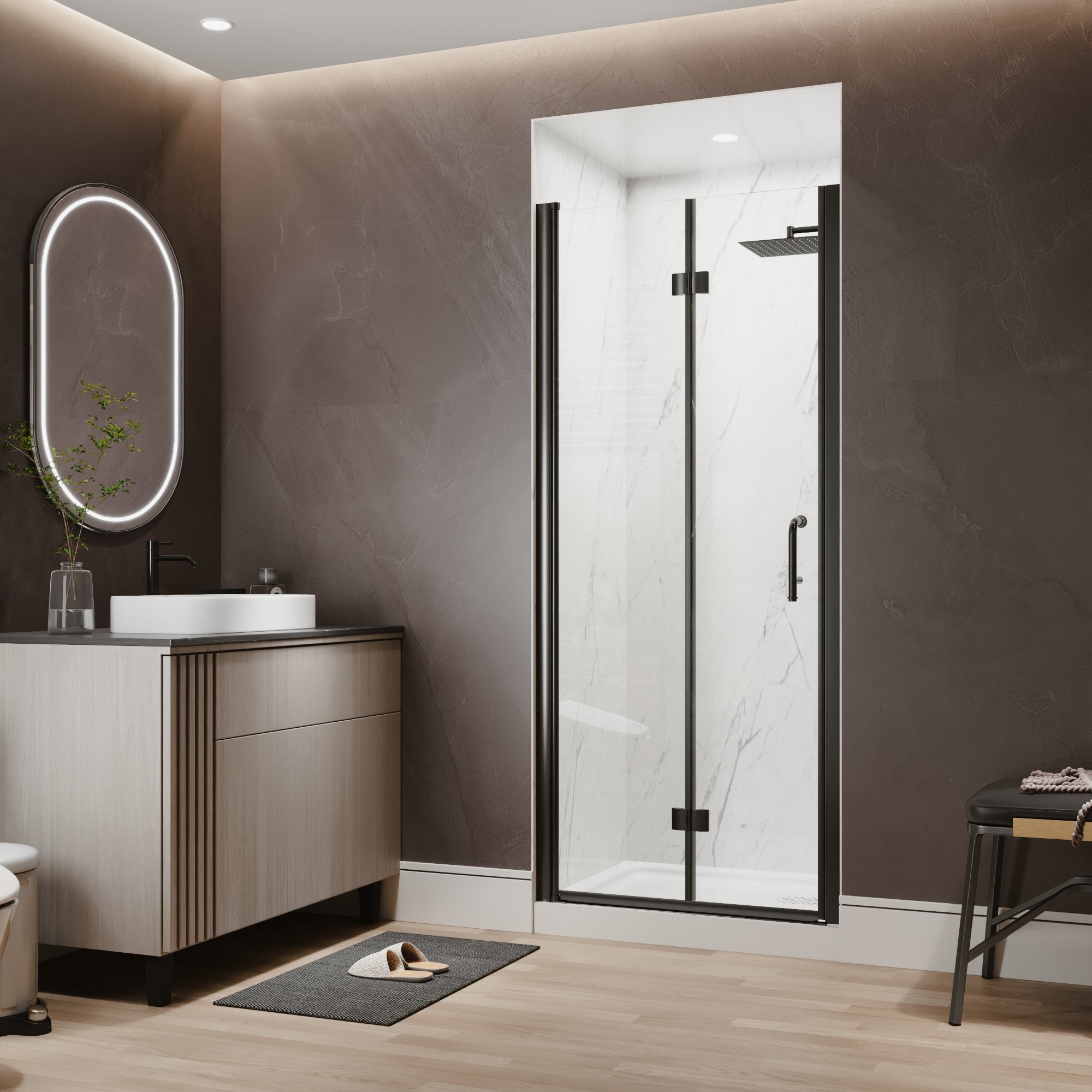 32-34 in. W x 72 in. H Modern Semi-Frameless 1/4 in. Tempered Glass Bifold Pivot Shower Door with Reversible Installation, Matte Black