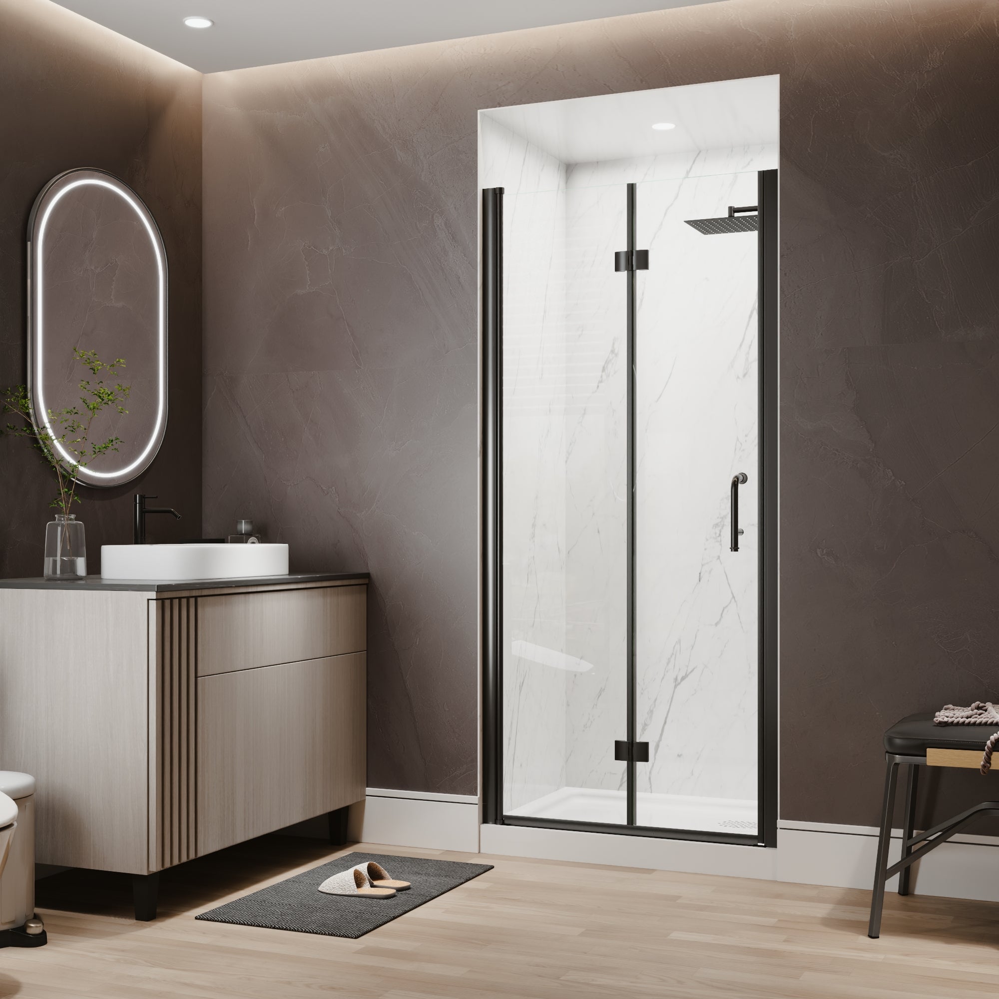 34-36 in. W x 72 in. H Modern Semi-Frameless 1/4 in. Tempered Glass Bifold Pivot Shower Door with Reversible Installation, Matte Black