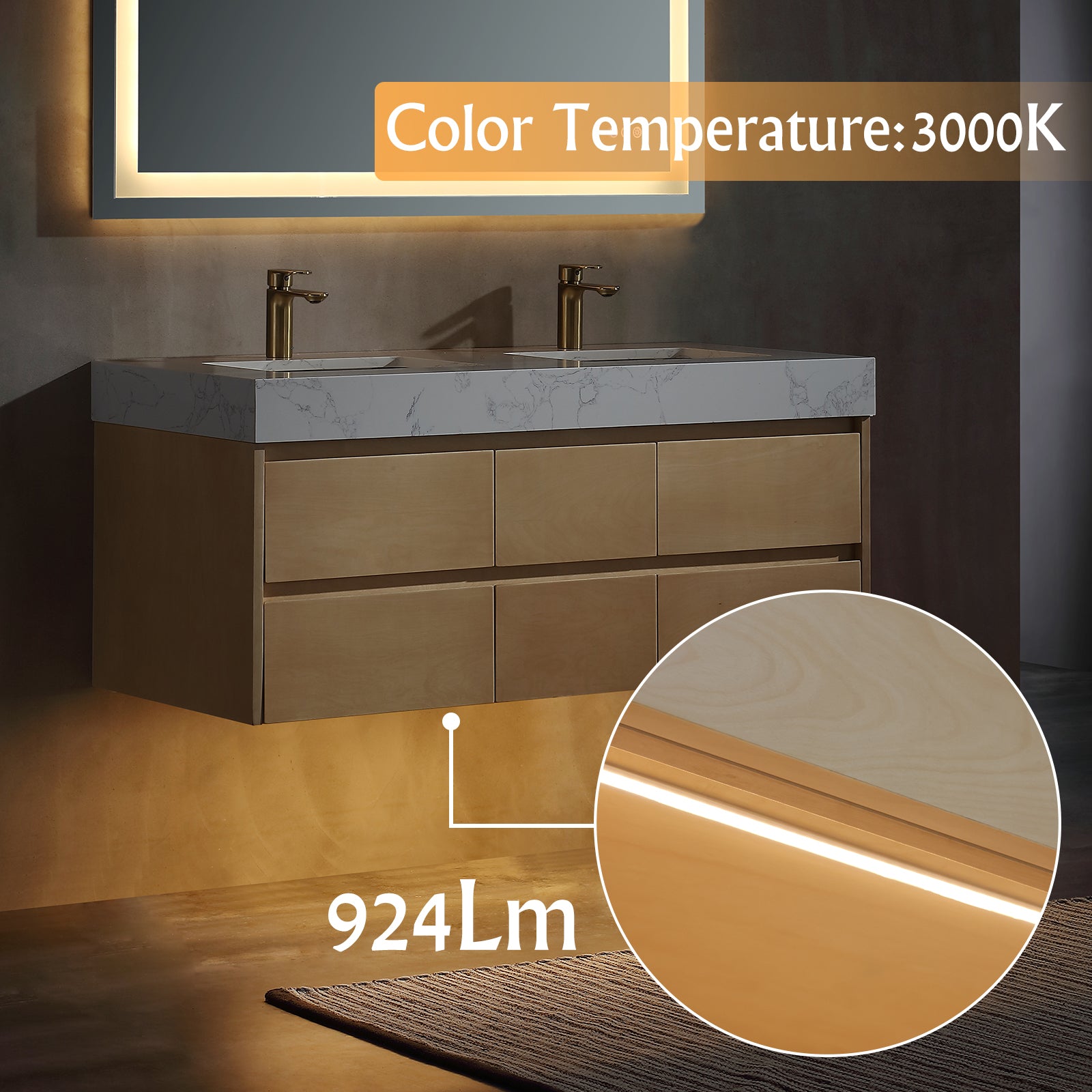 48" Modern Floating Maple Wood Bathroom Vanity Cabinet with LED Light and Double Basin