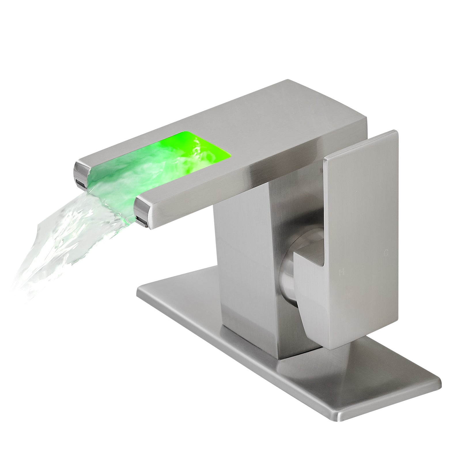 Single Handle LED Waterfall Bathroom Sink Faucet with Deck Plate, Temperature-Sensitive 3-Color Light
