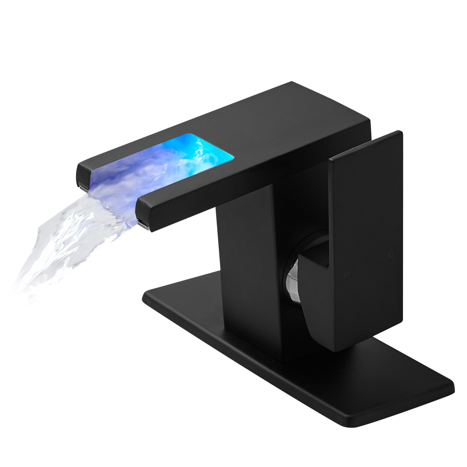 Single Handle LED Waterfall Bathroom Sink Faucet with Deck Plate, Temperature-Sensitive 3-Color Light