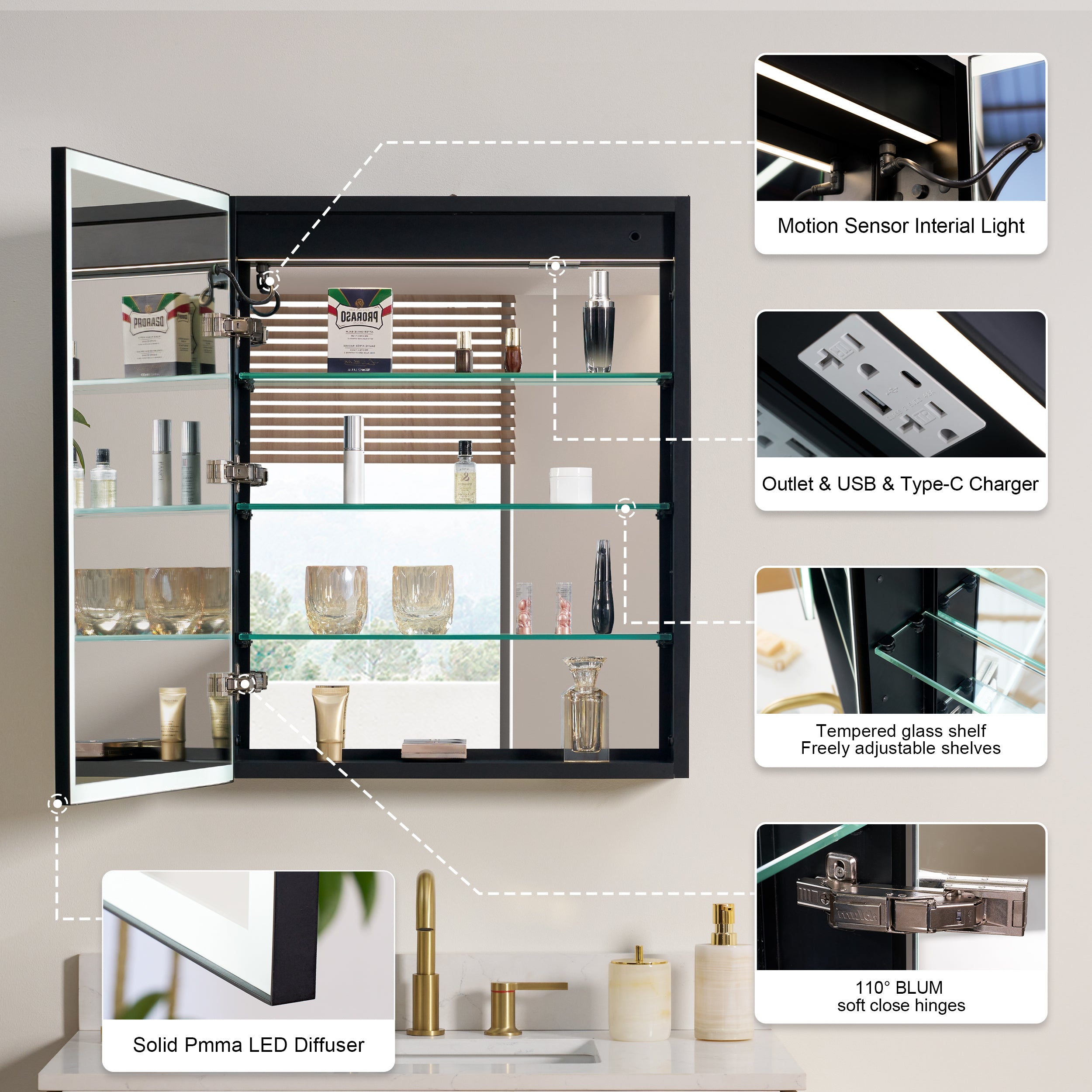 24 in. x 30 in. Black Aluminum Left Medicine Cabinet with Mirror and LED Light