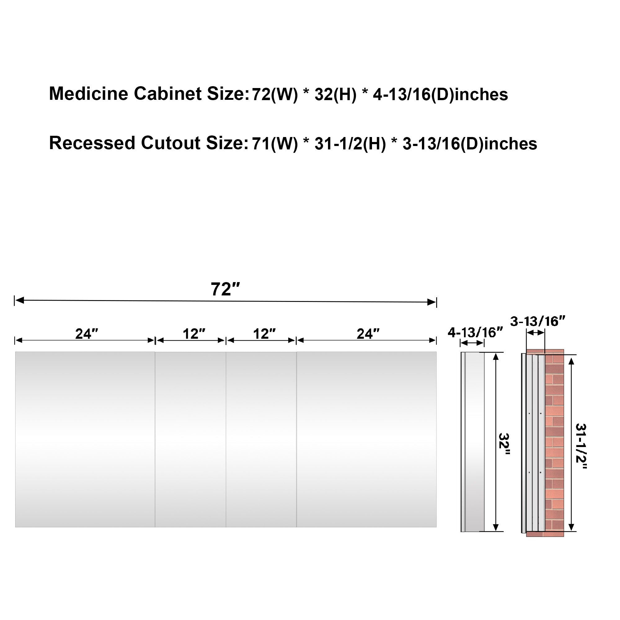 72 in.×32 in.H Copper-Free Mirror Medicine Cabinet with Soft-Close Blum® Hinges and Recessed/Surface Mount