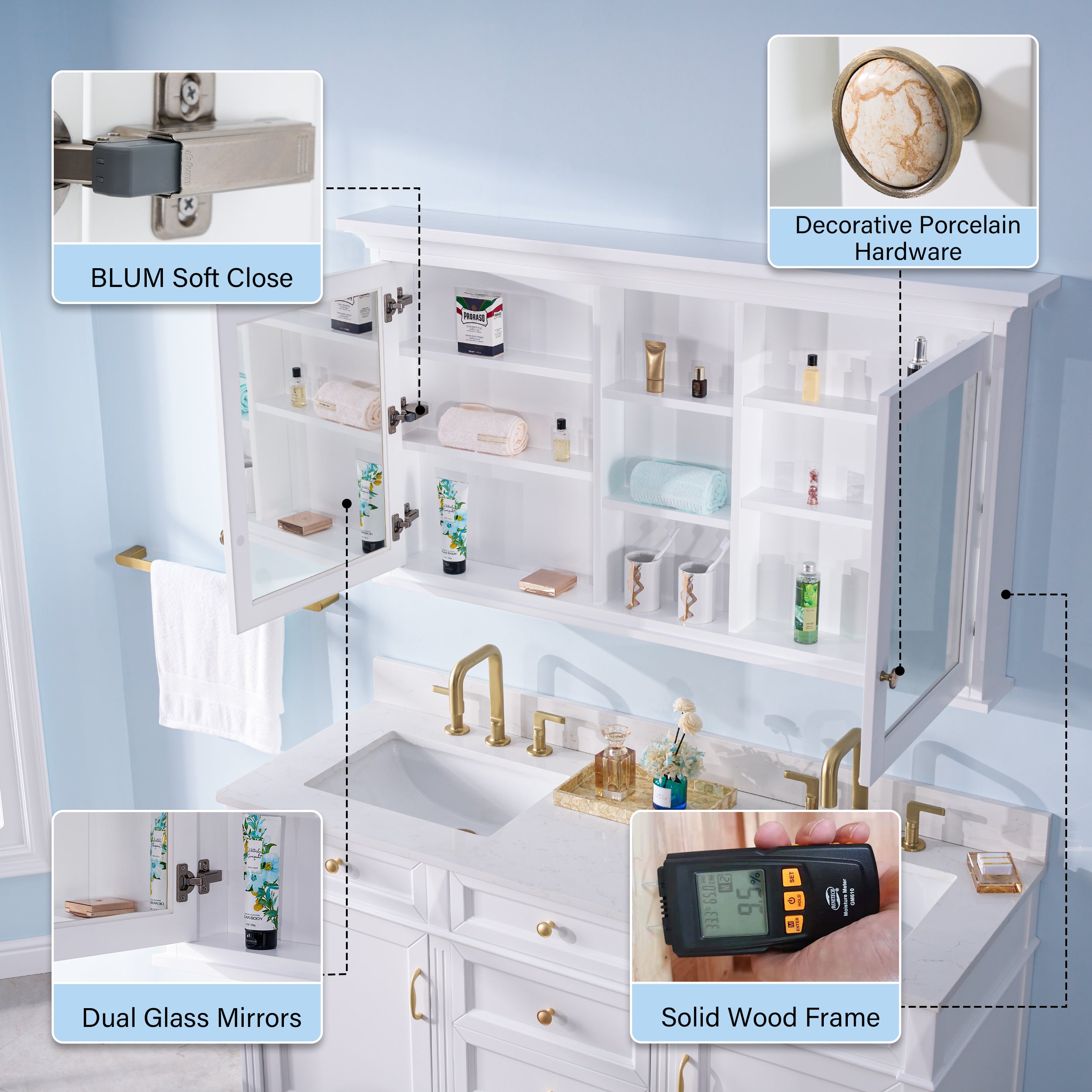 55 in.W x 30 in.H Surface-Mount Solid Wood Medicine Cabinet with Mirror, Z-bar Hangs Vertically