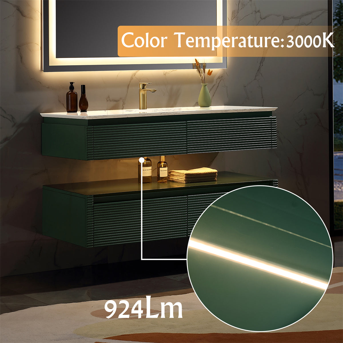 48" Floating Bathroom Vanity Set in Green with Lights and White Marble Countertop