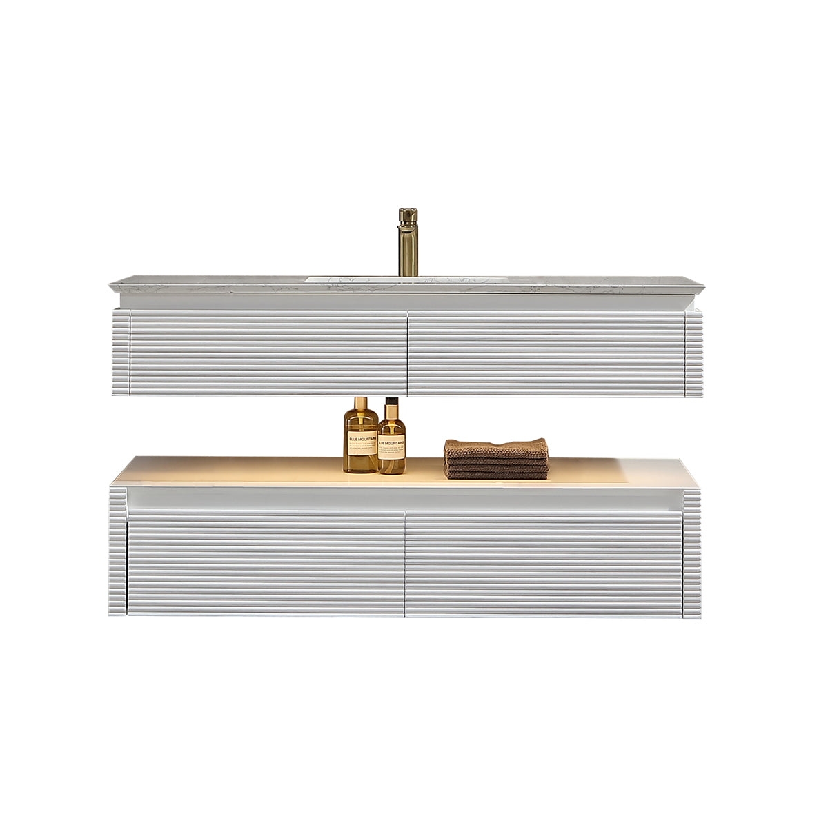 48" Floating Bathroom Vanity Set in White with LED Light and White Engineered Marble Top with Single Basins
