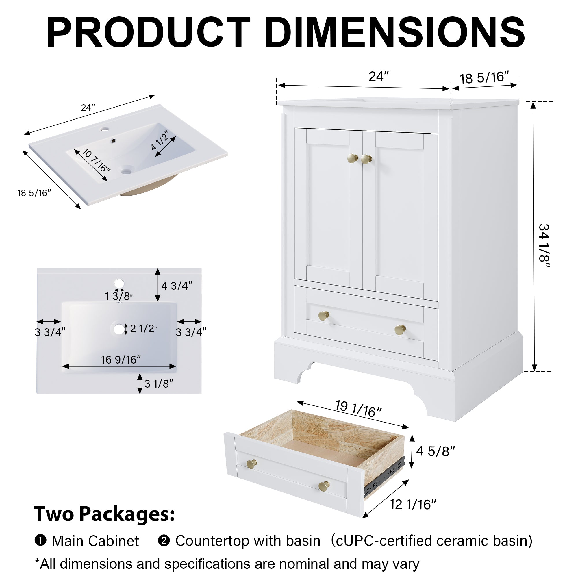 24 inch Bathroom Vanity with Sink Combo Set, Solid Wood Bathroom Storage Cabinet with Soft-Closing Doors, White