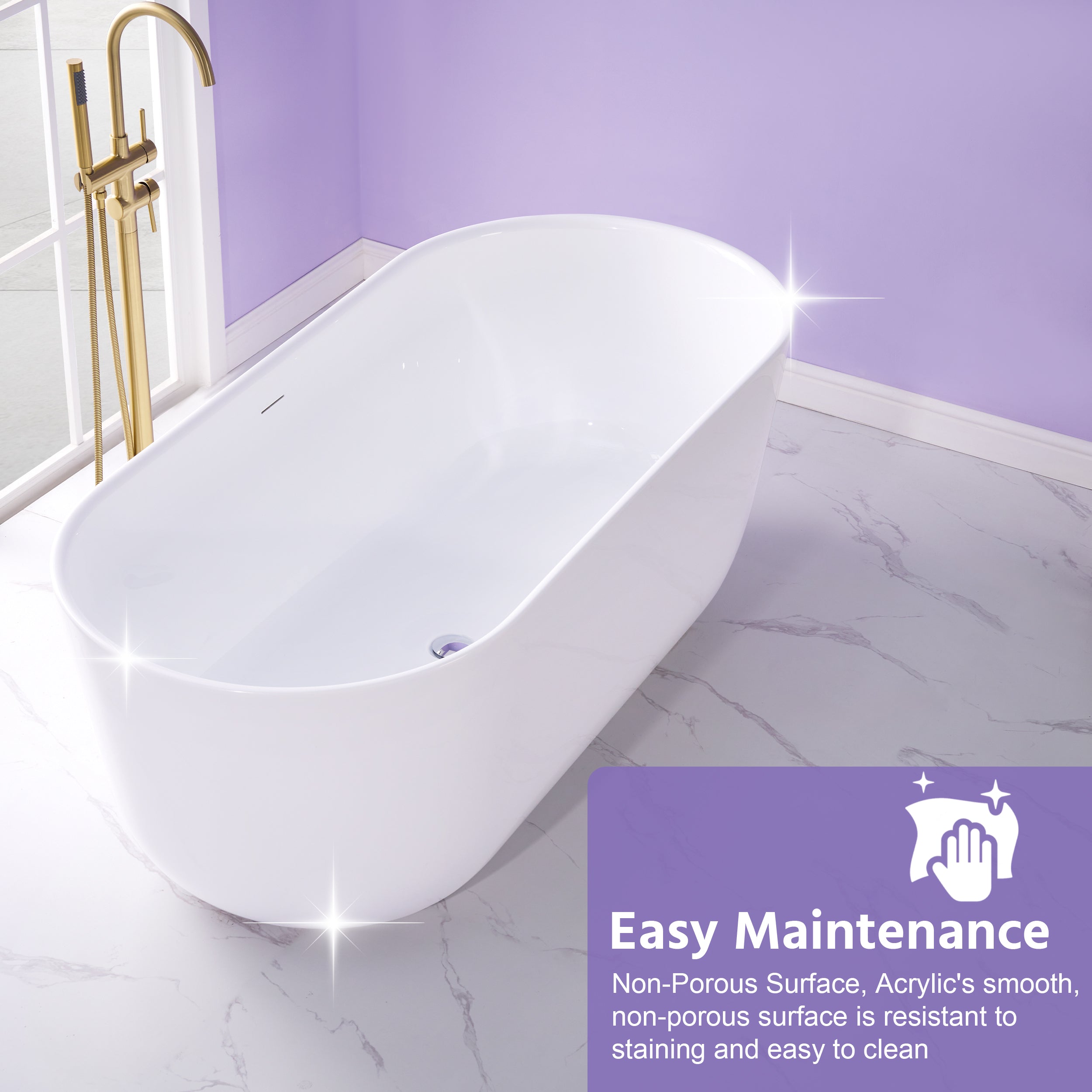 67" Freestanding Glossy White Acrylic Bathtub with Integrated Overflow and Chrome Drain