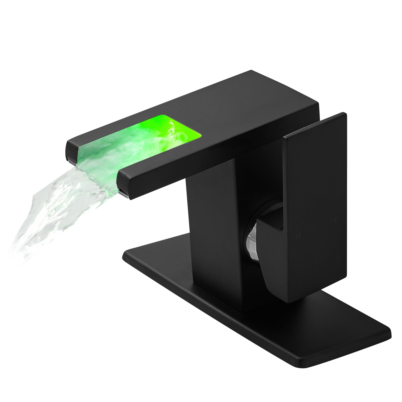 Single Handle LED Waterfall Bathroom Sink Faucet with Deck Plate, Temperature-Sensitive 3-Color Light
